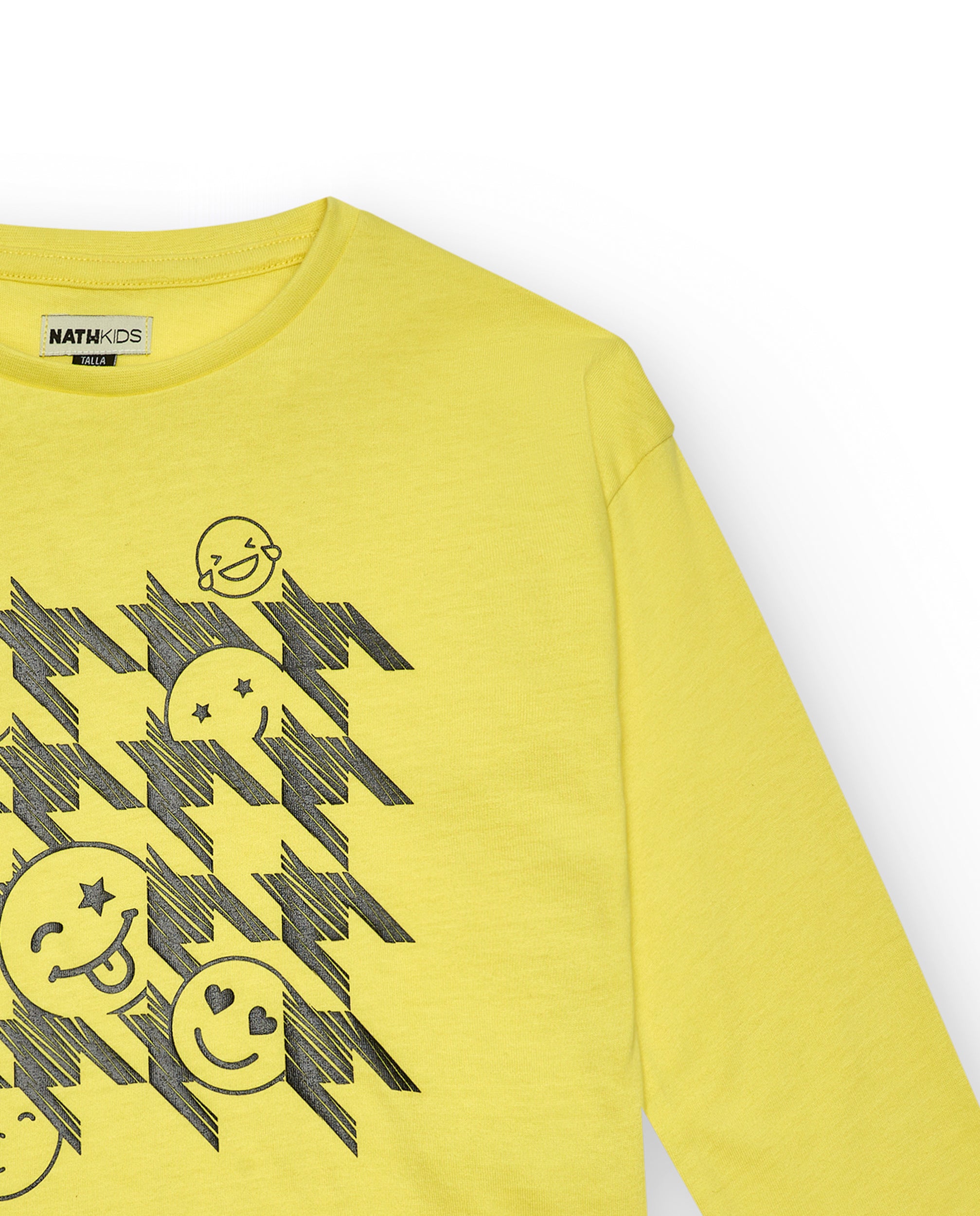 Camiseta amarilla con estampado de emojis y cuadros para niña