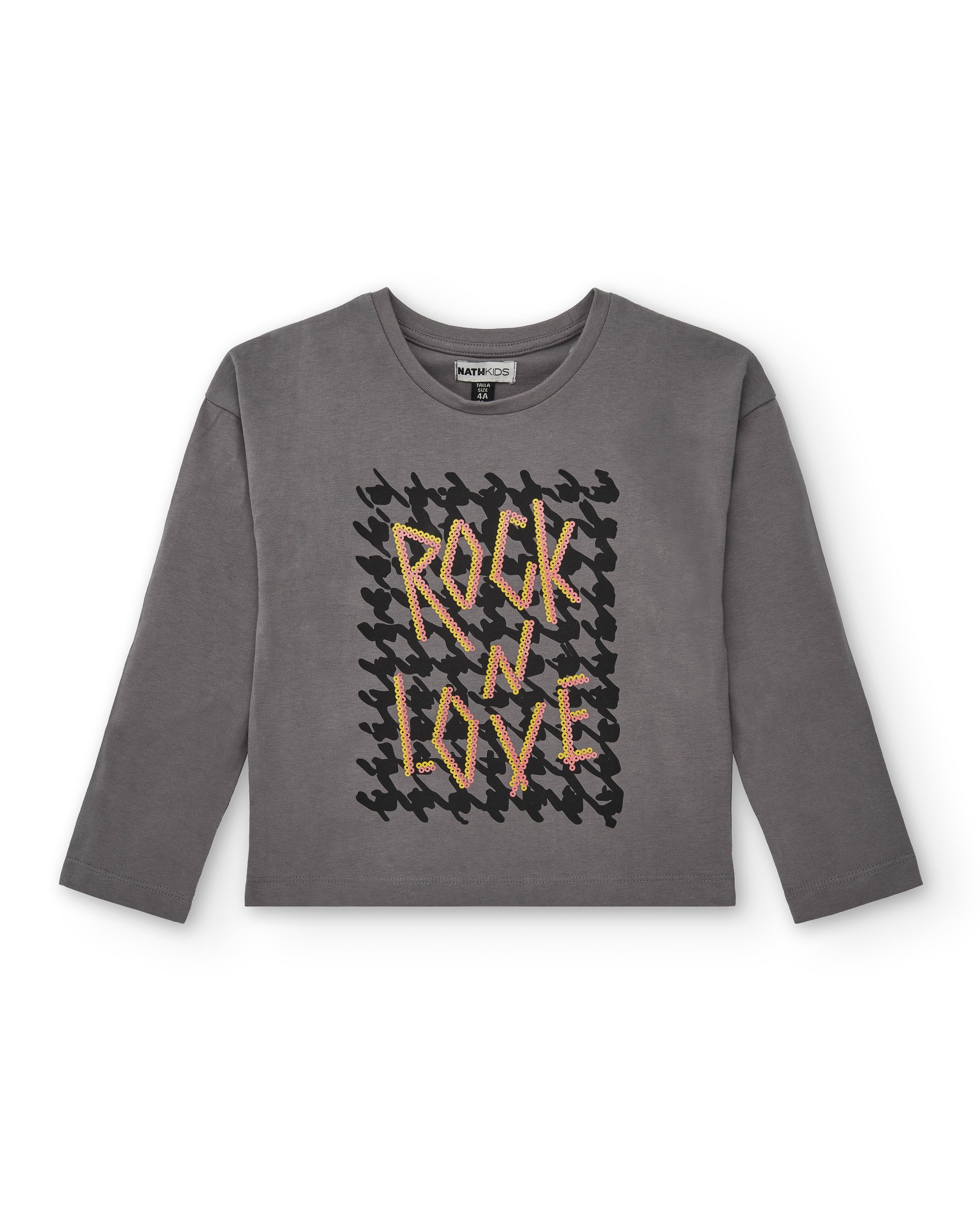 Camiseta gris con estampado "Rock N Love" para niña colección