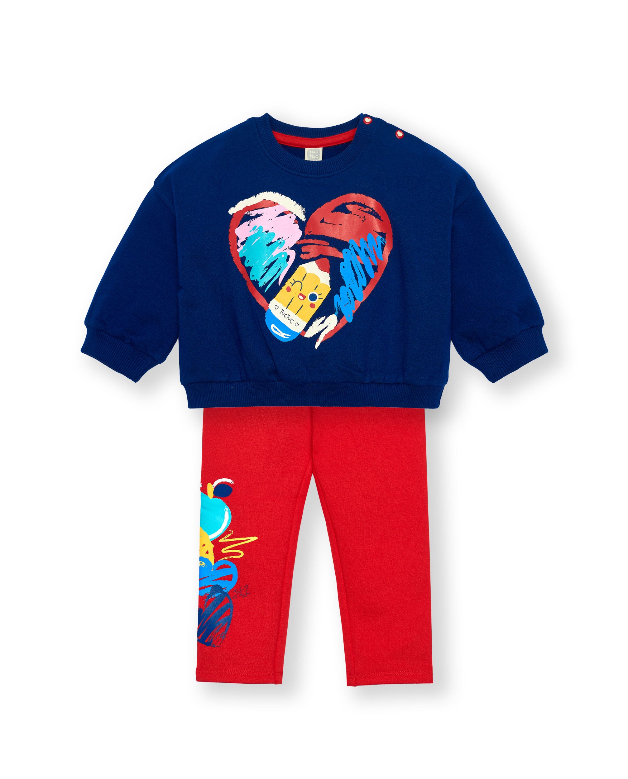 Conjunto sudadera y leggings niña en azul y rojo con estampado