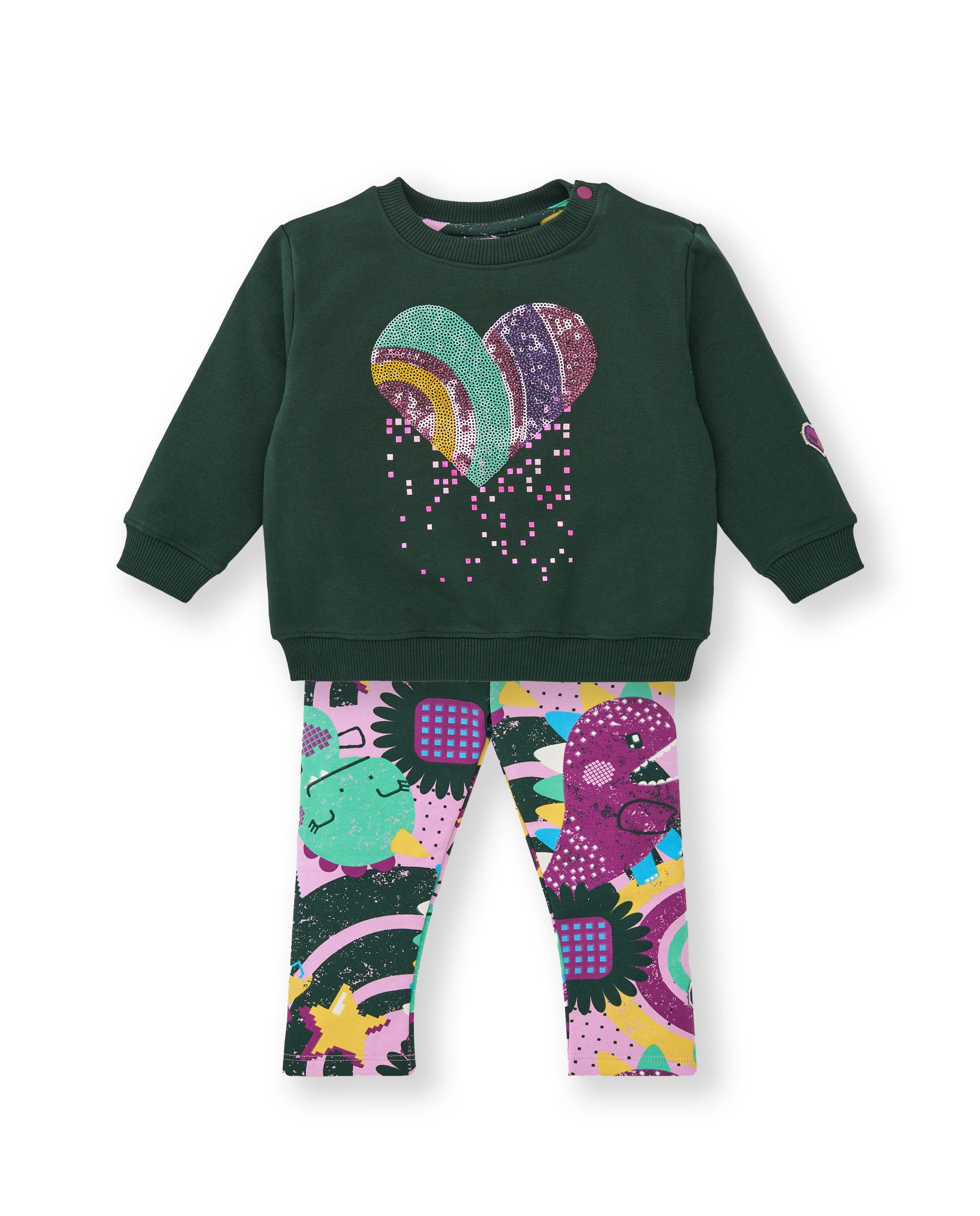 Conjunto sudadera verde y leggings estampados para niña