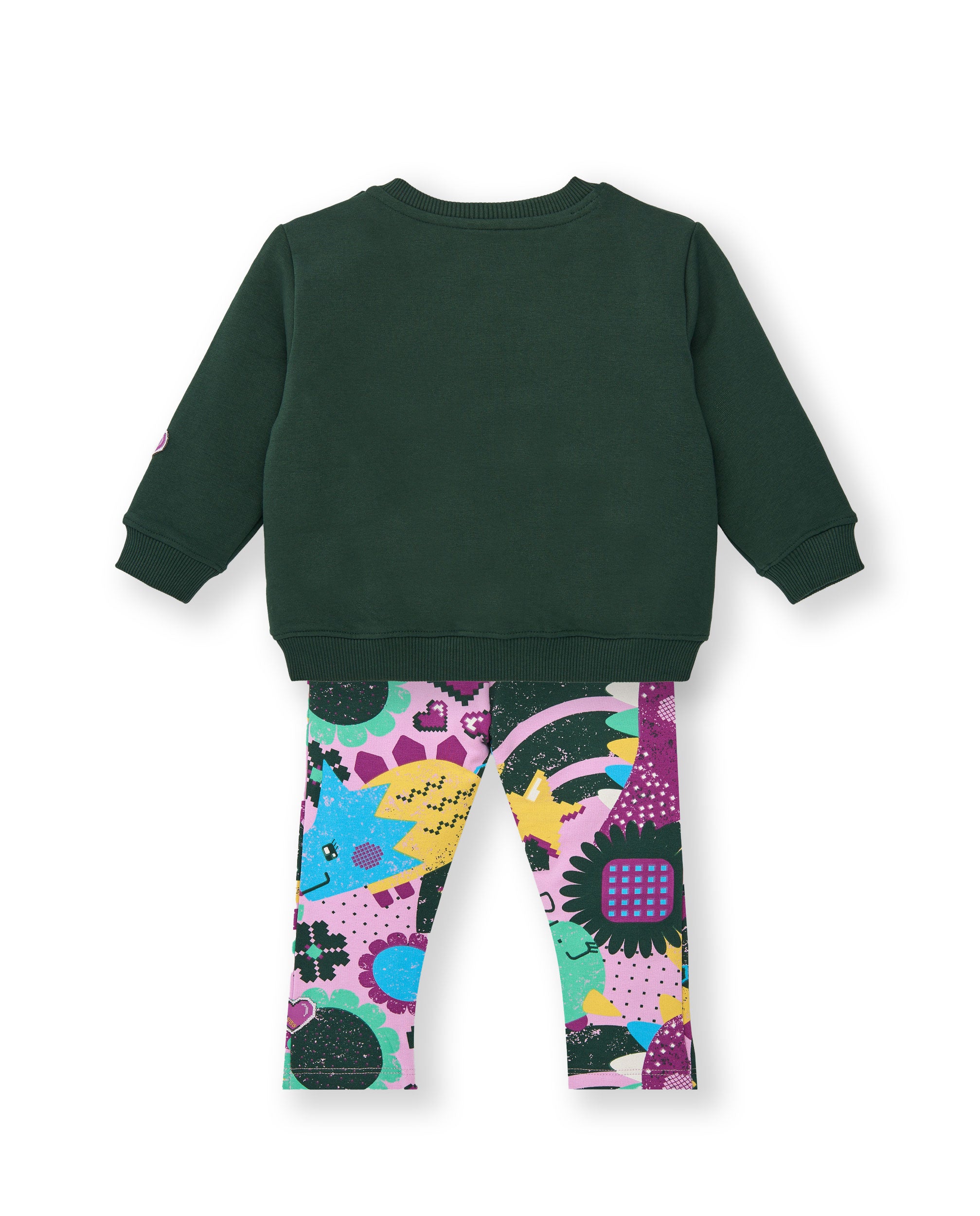 Conjunto sudadera verde y leggings estampados para niña