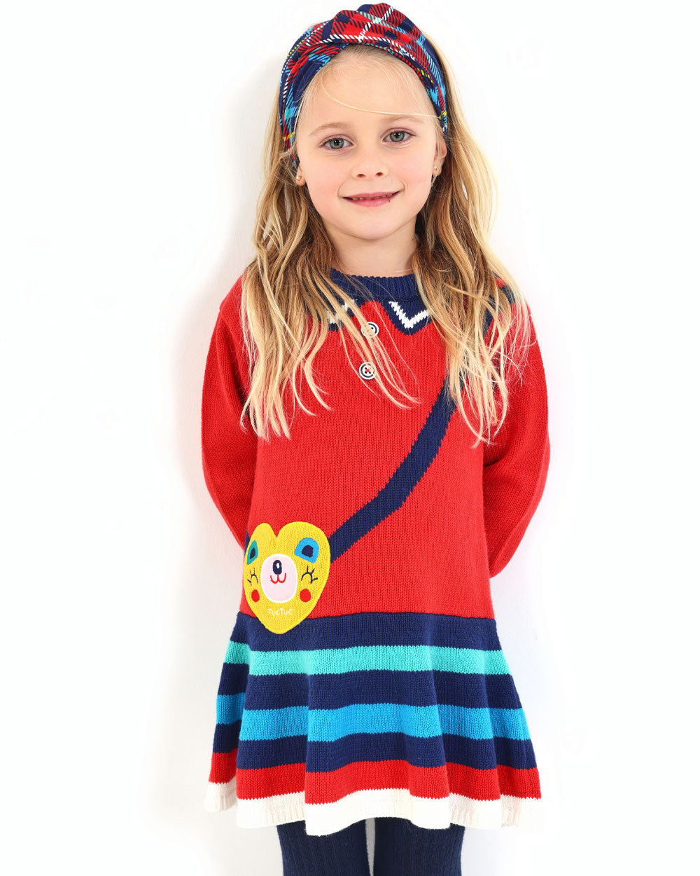 Vestido tricot para niña en rojo con detalle de rayas colección Big brains