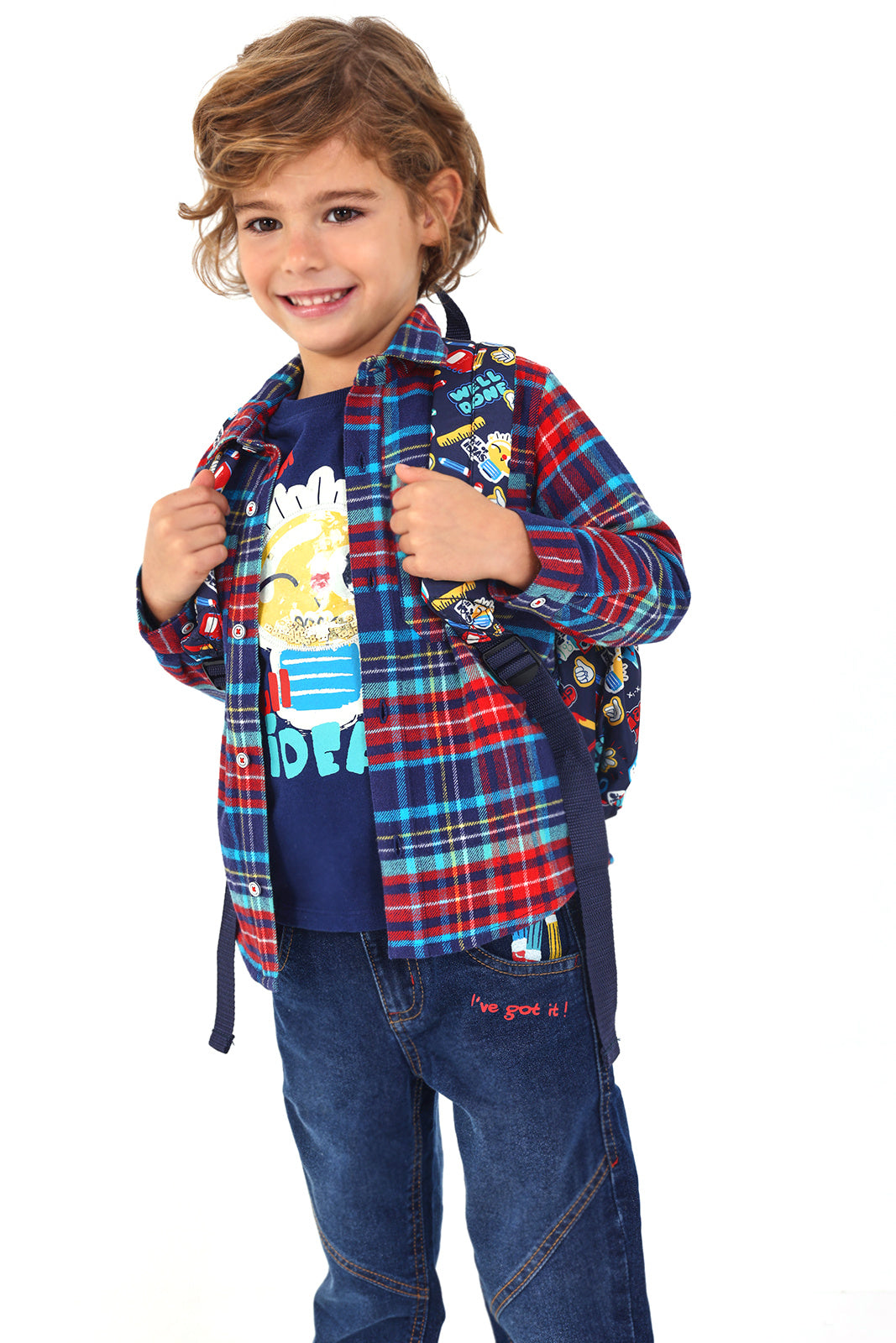 Mochila niño en azul con estampado escolar colección Big Brains