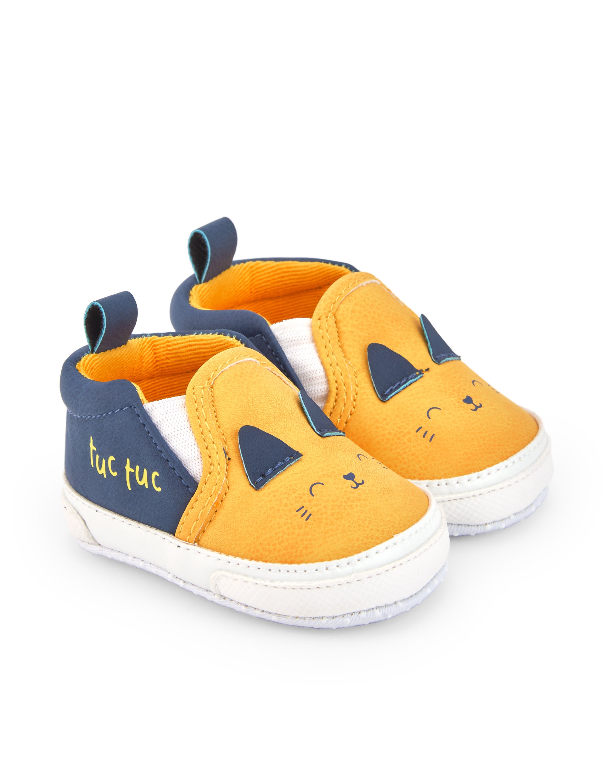 Zapatillas niño en amarillo y azul con diseño de gatito