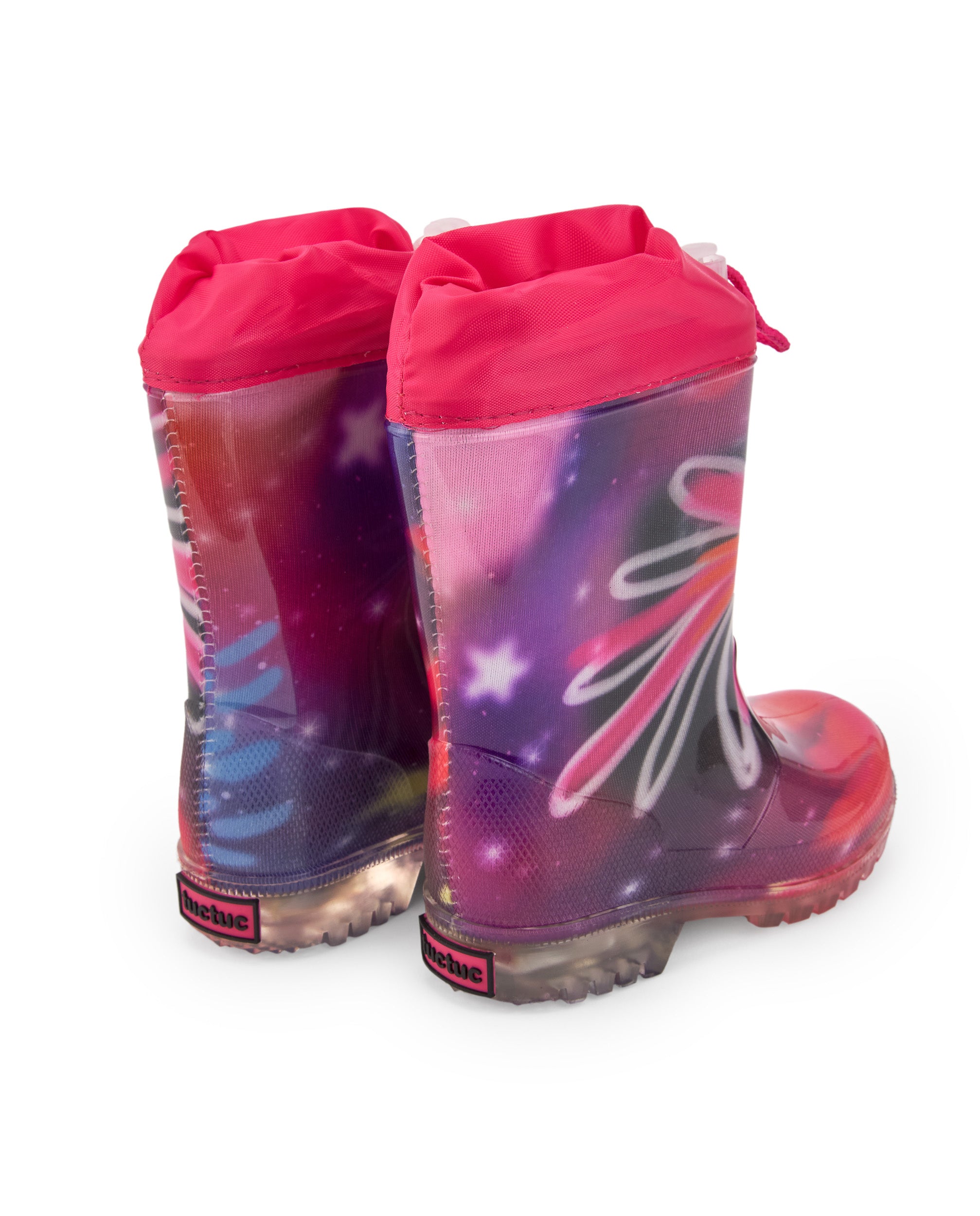 Botas de lluvia niña en fucsia con luces y diseño galáctico