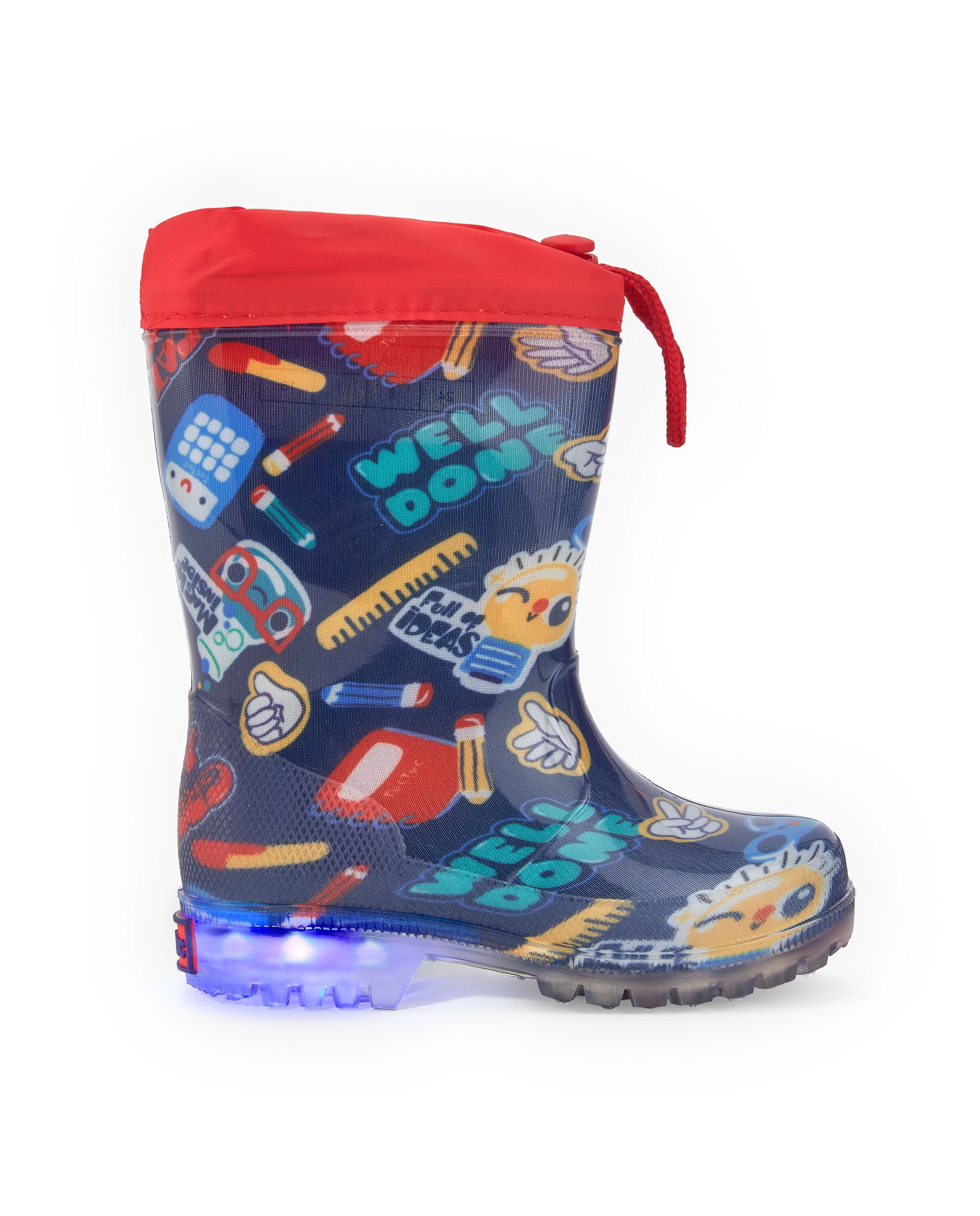 Botas de lluvia niño en azul con luces y estampado escolar