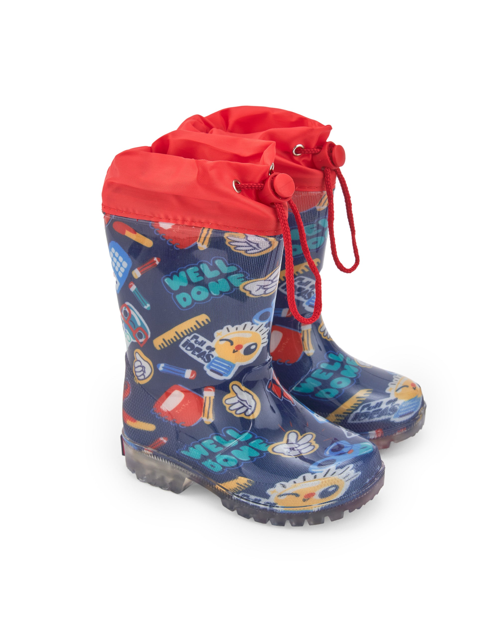 Botas de lluvia niño en azul con luces y estampado escolar