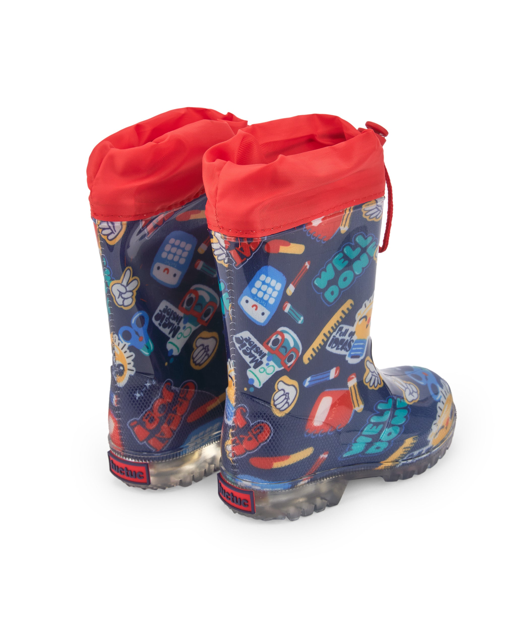 Botas de lluvia niño en azul con luces y estampado escolar