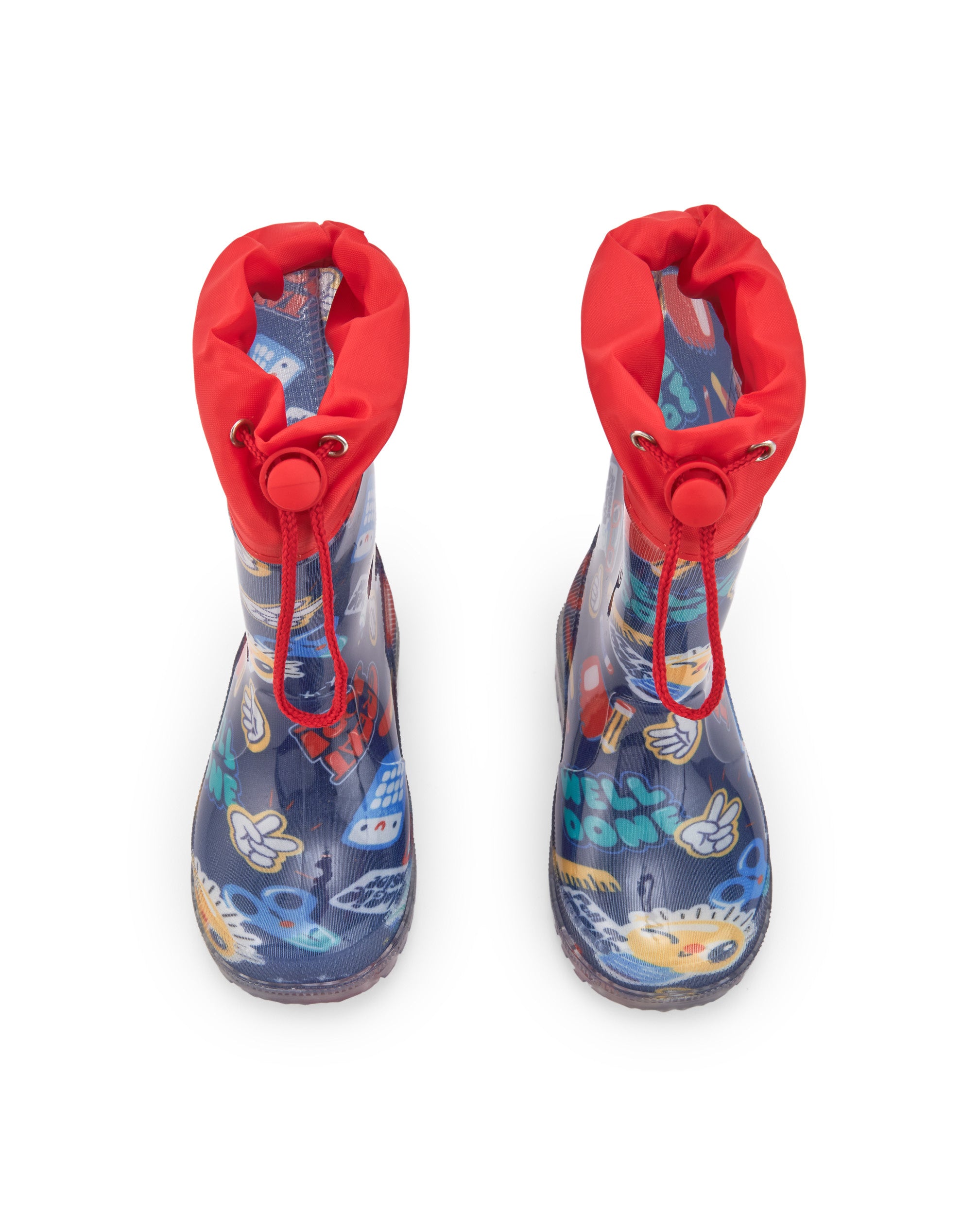 Botas de lluvia niño en azul con luces y estampado escolar