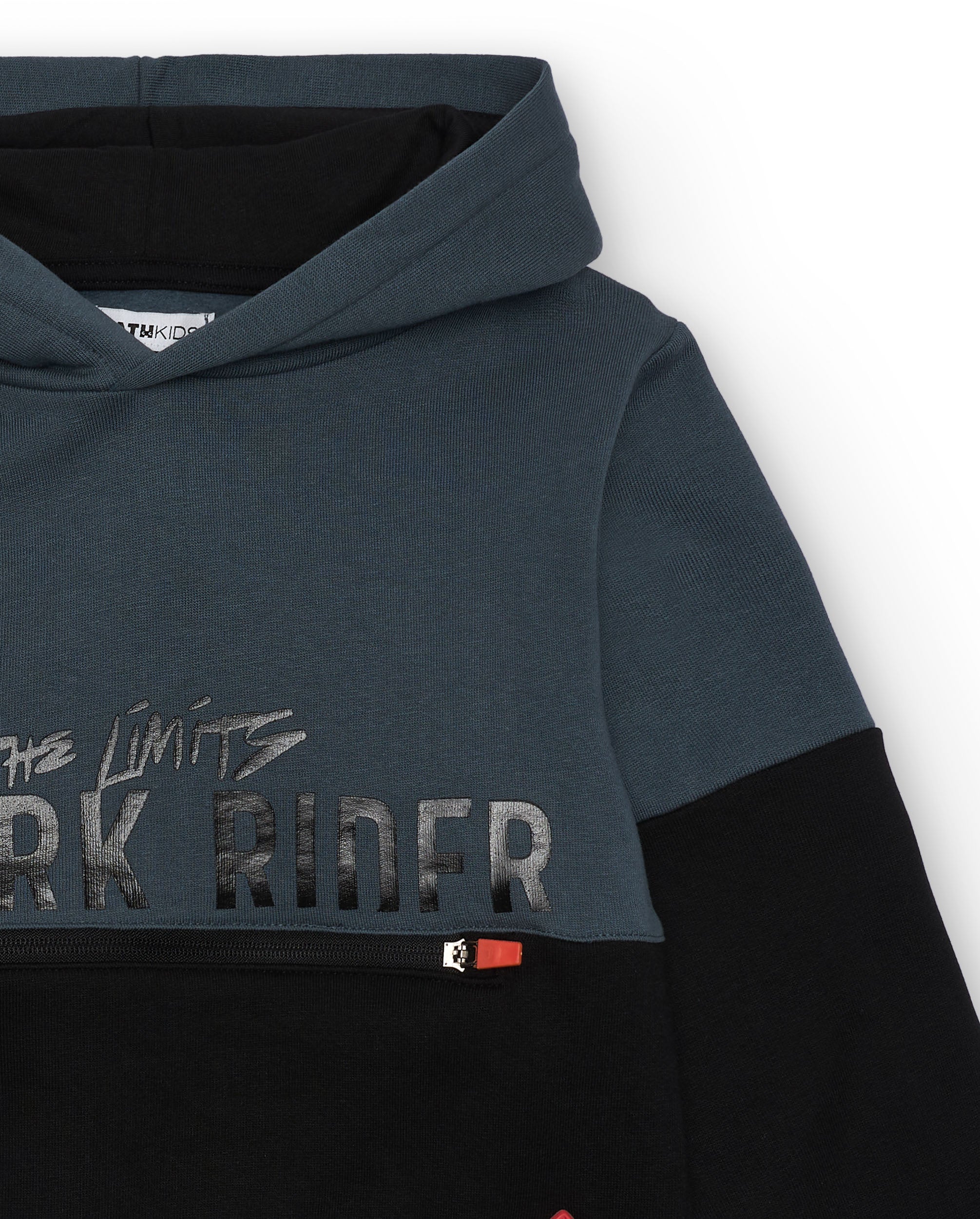 Sudadera niño en negro y azul con capucha y estampado colección