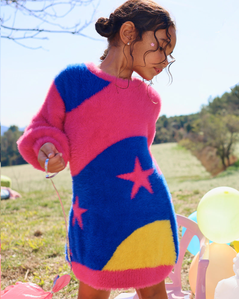 Vestido tricot niña en fucsia con diseño de estrellas colección