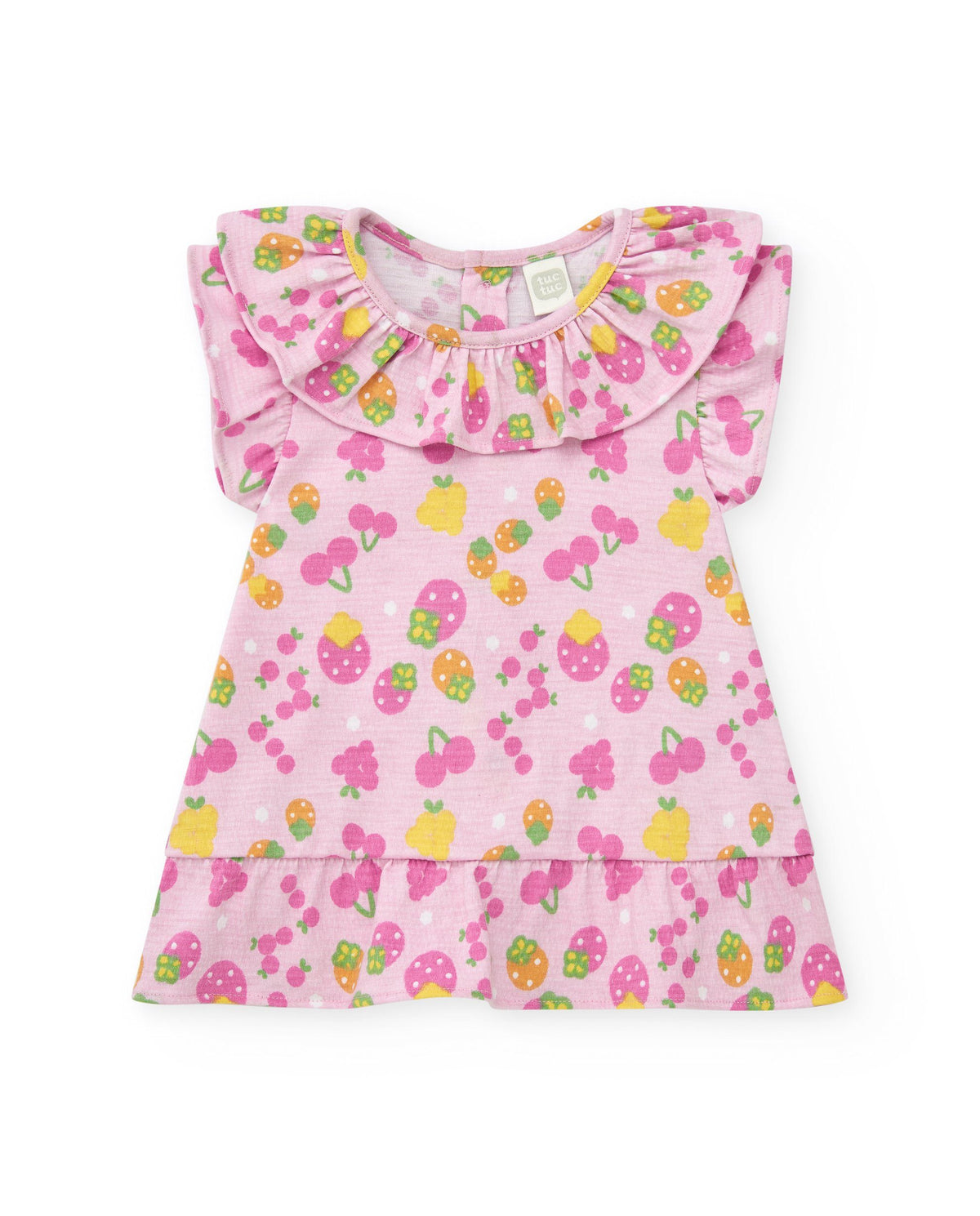 Conjunto de punto para niña con vestido rosa estampado de frutas