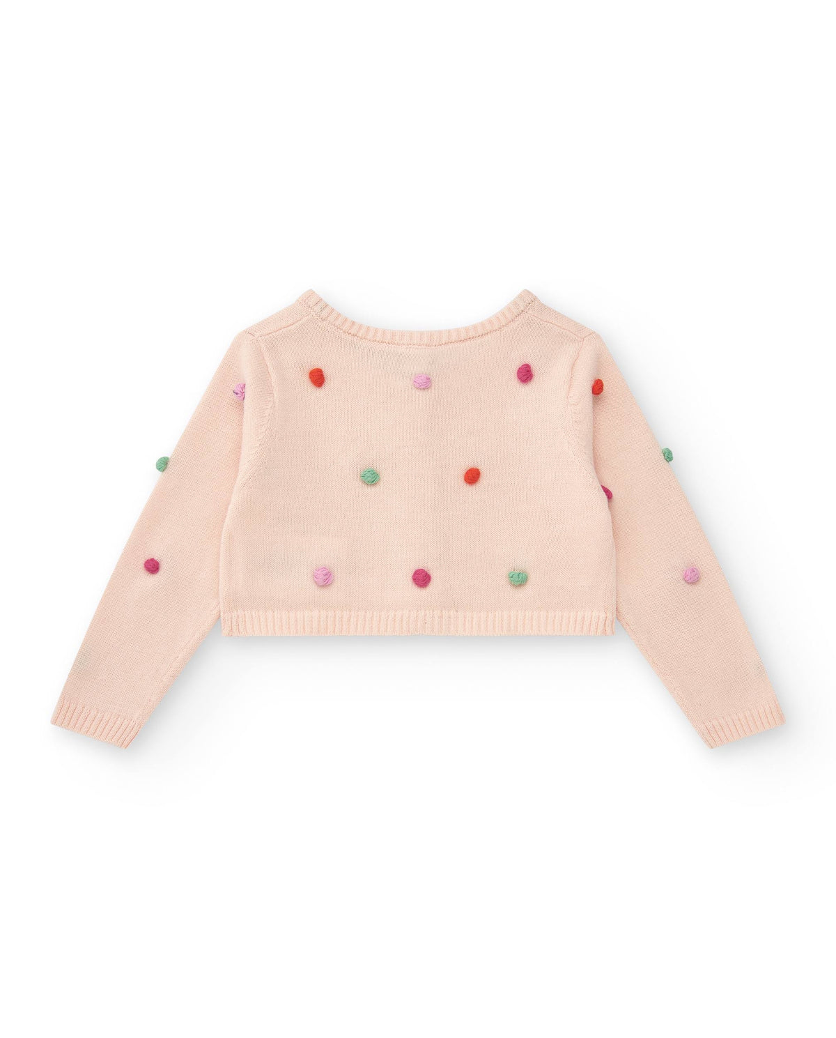 Chaqueta rosa de tricot para niña con pompones multicolor y