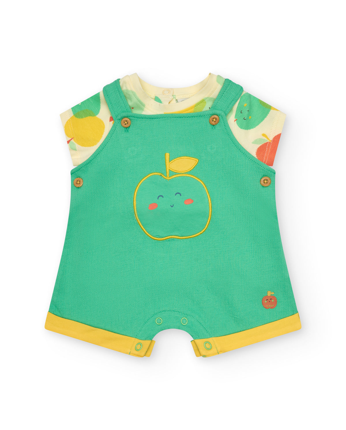 Conjunto para niño con camiseta de manzanas y peto verde con