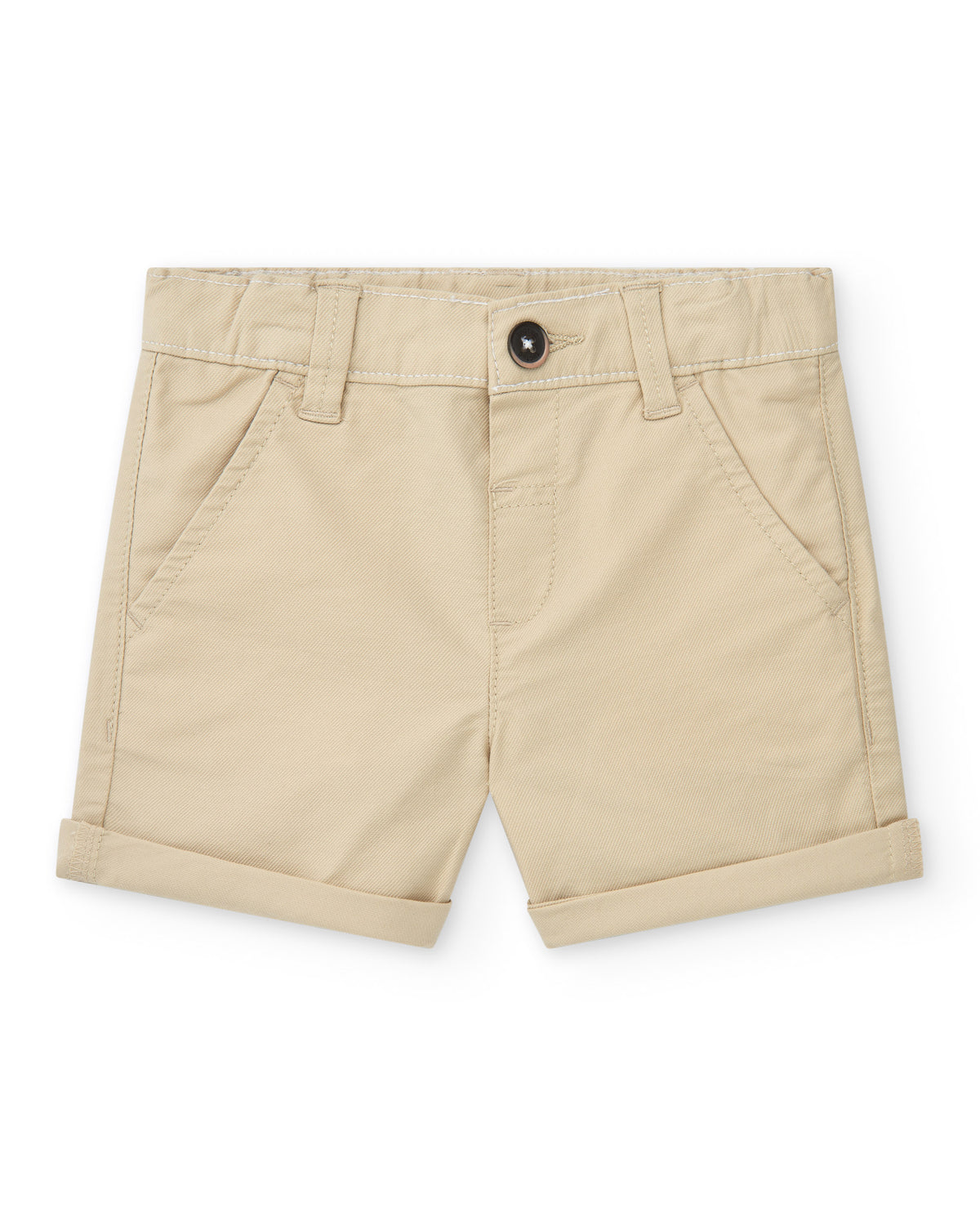 Pantalón corto beige para niño con bolsillos y cierre con botón