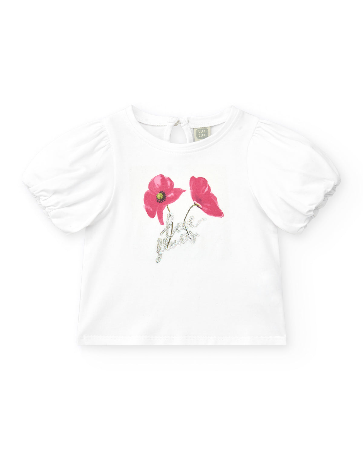 Camiseta blanca para niña con flores y brillo
