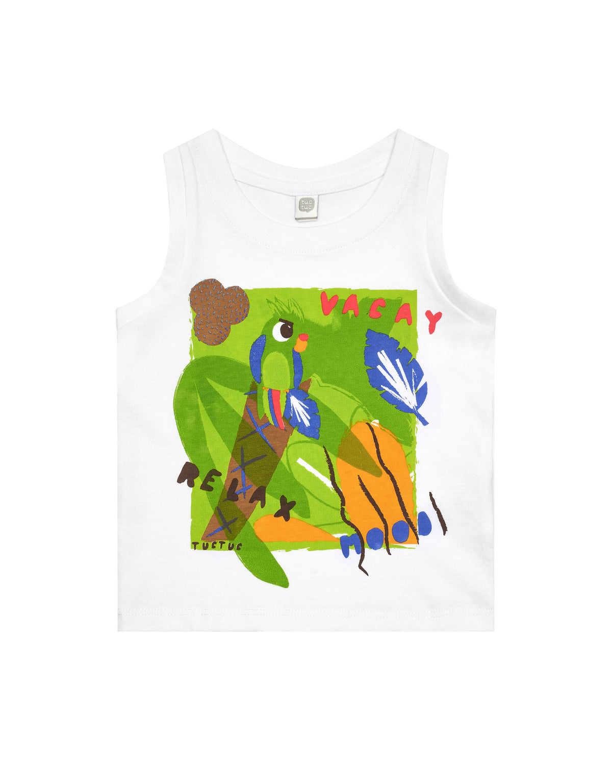 Camiseta blanca sin mangas para niño con estampado tropical