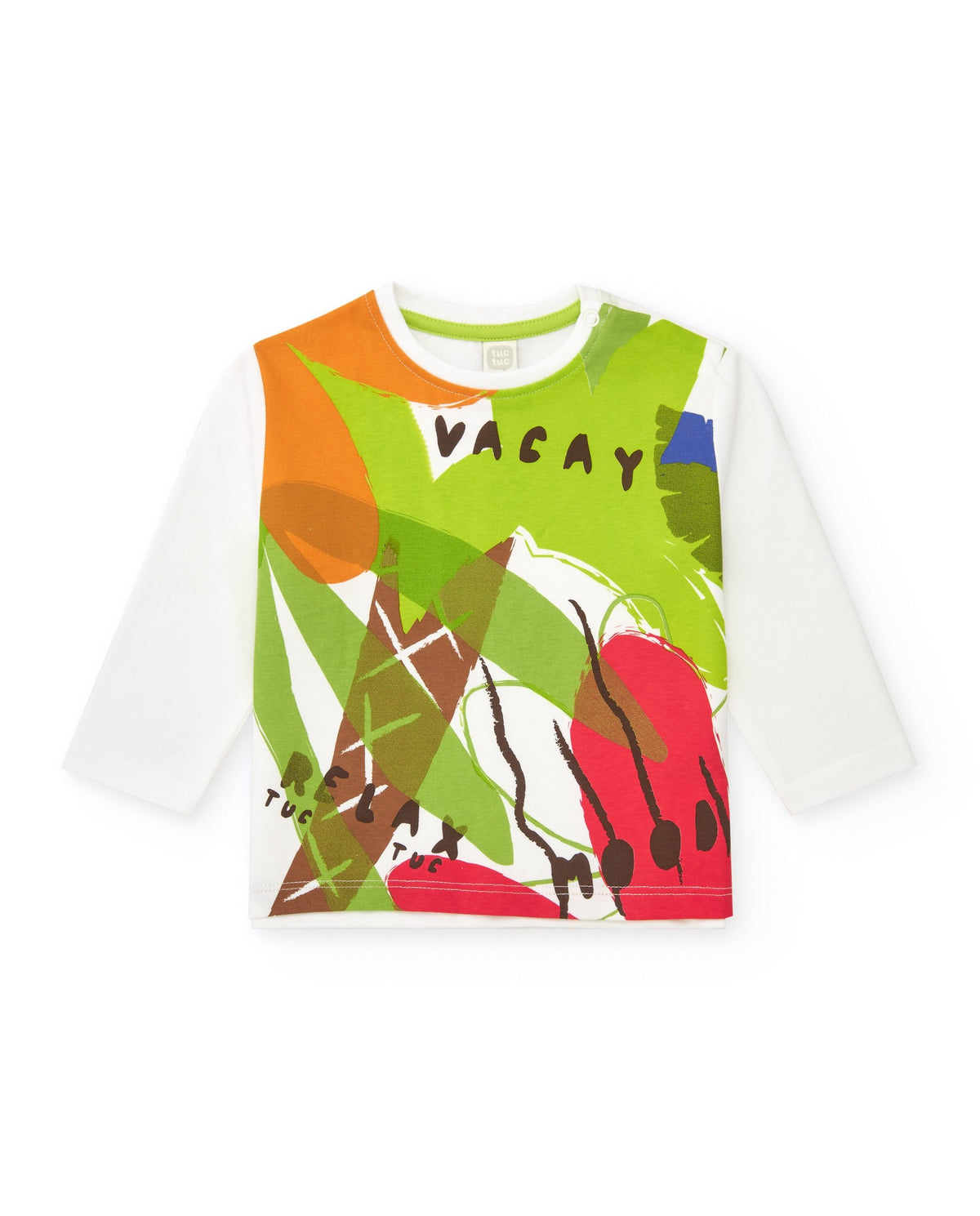 Camiseta blanca manga larga para niño con estampado tropical