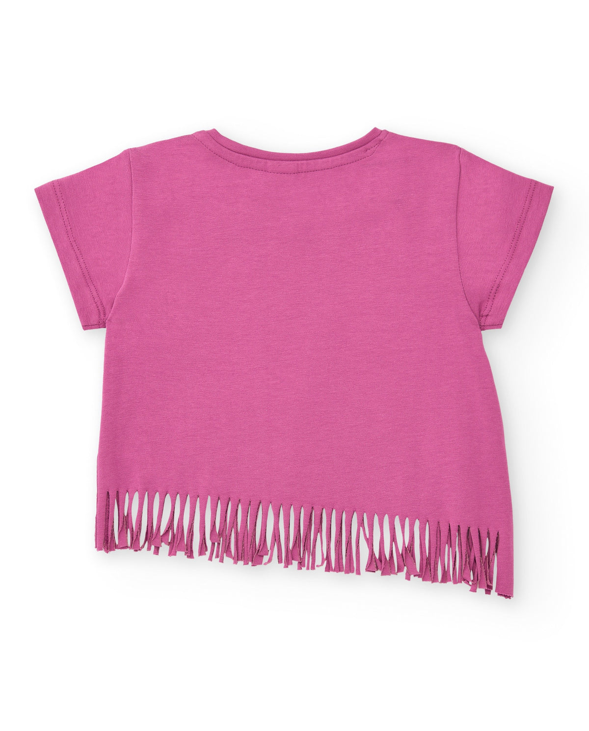 Camiseta lila para niña con flecos y estampado de frutas