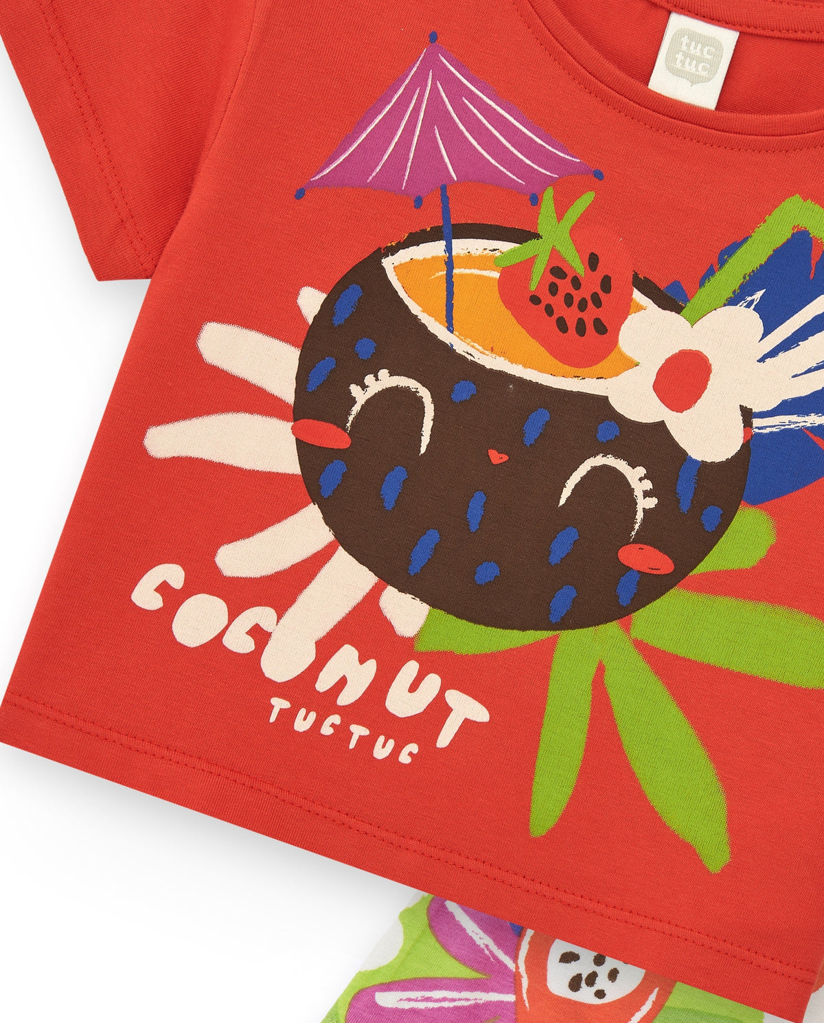 Camiseta roja para niña con estampado tropical de coco y frutas