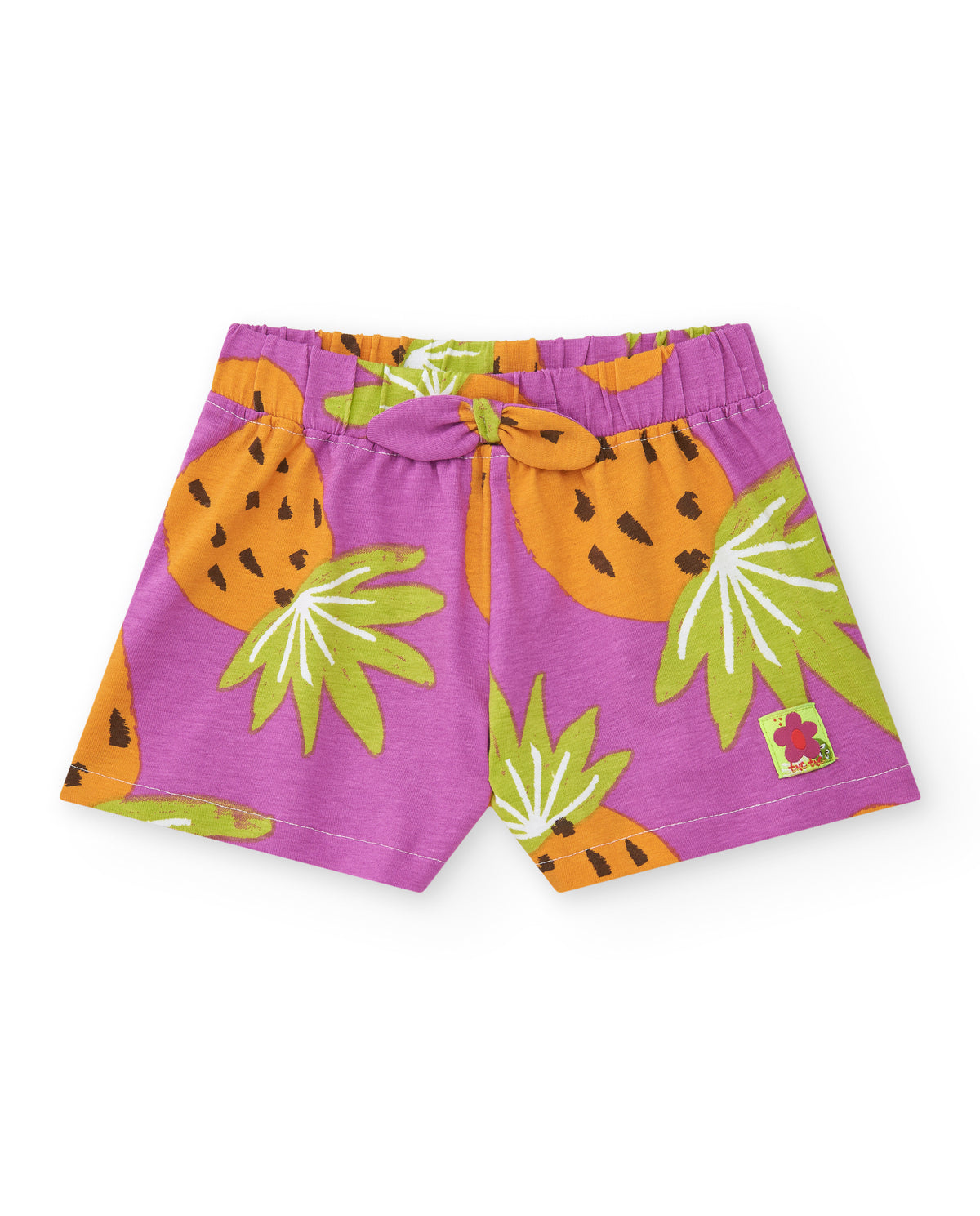 Pantalón corto tropical para niña en morado y naranja con frutas