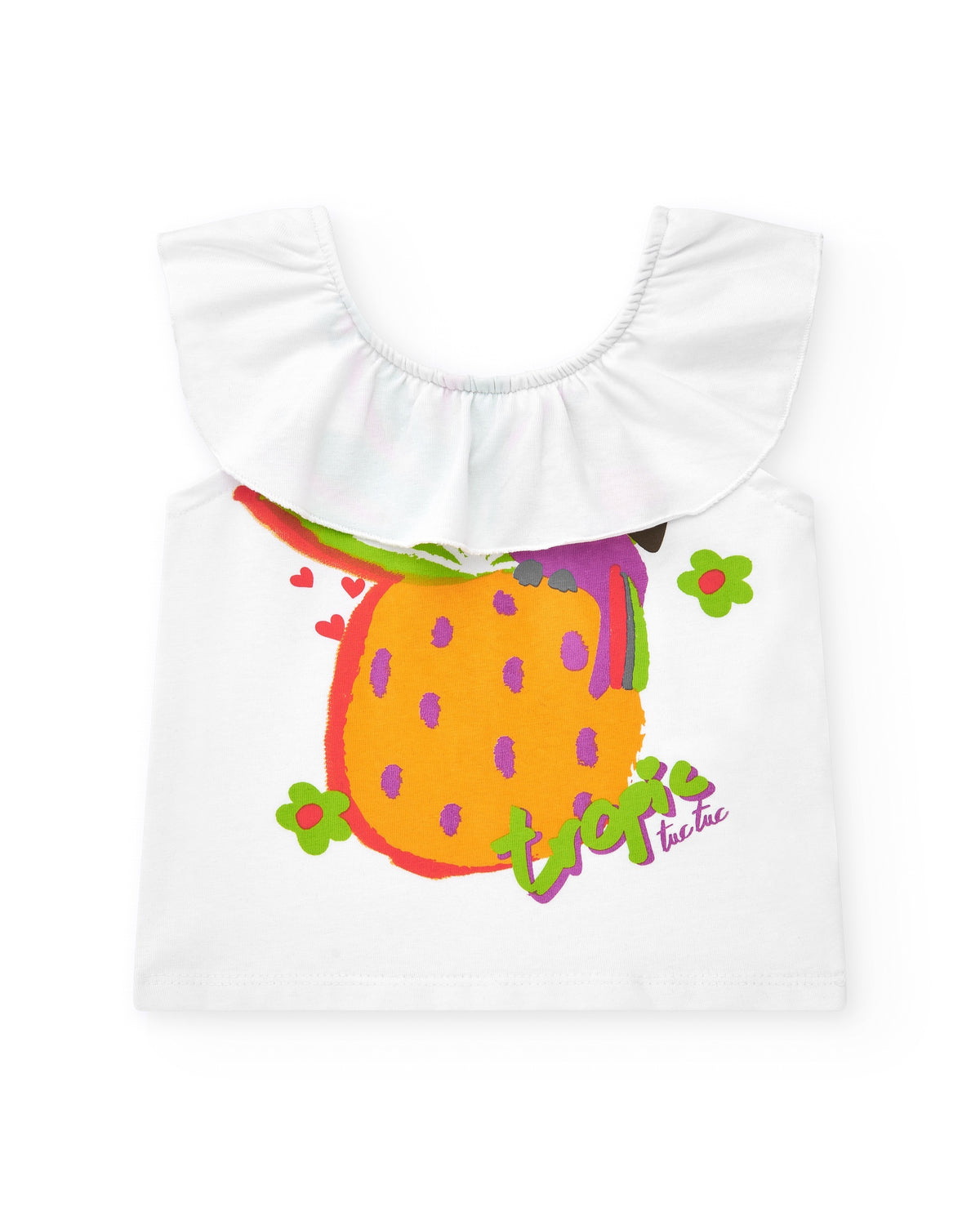 Conjunto para niña con camiseta blanca de piña y shorts morados