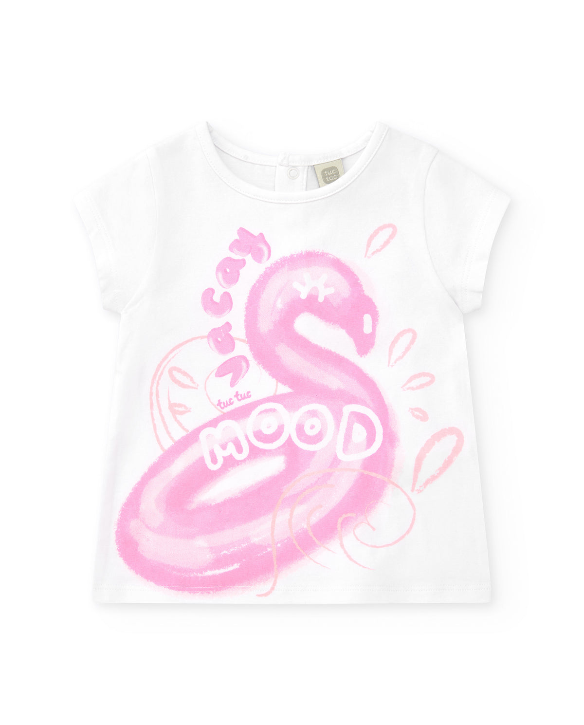 Camiseta blanca para niña con flamenco rosa y cierre trasero