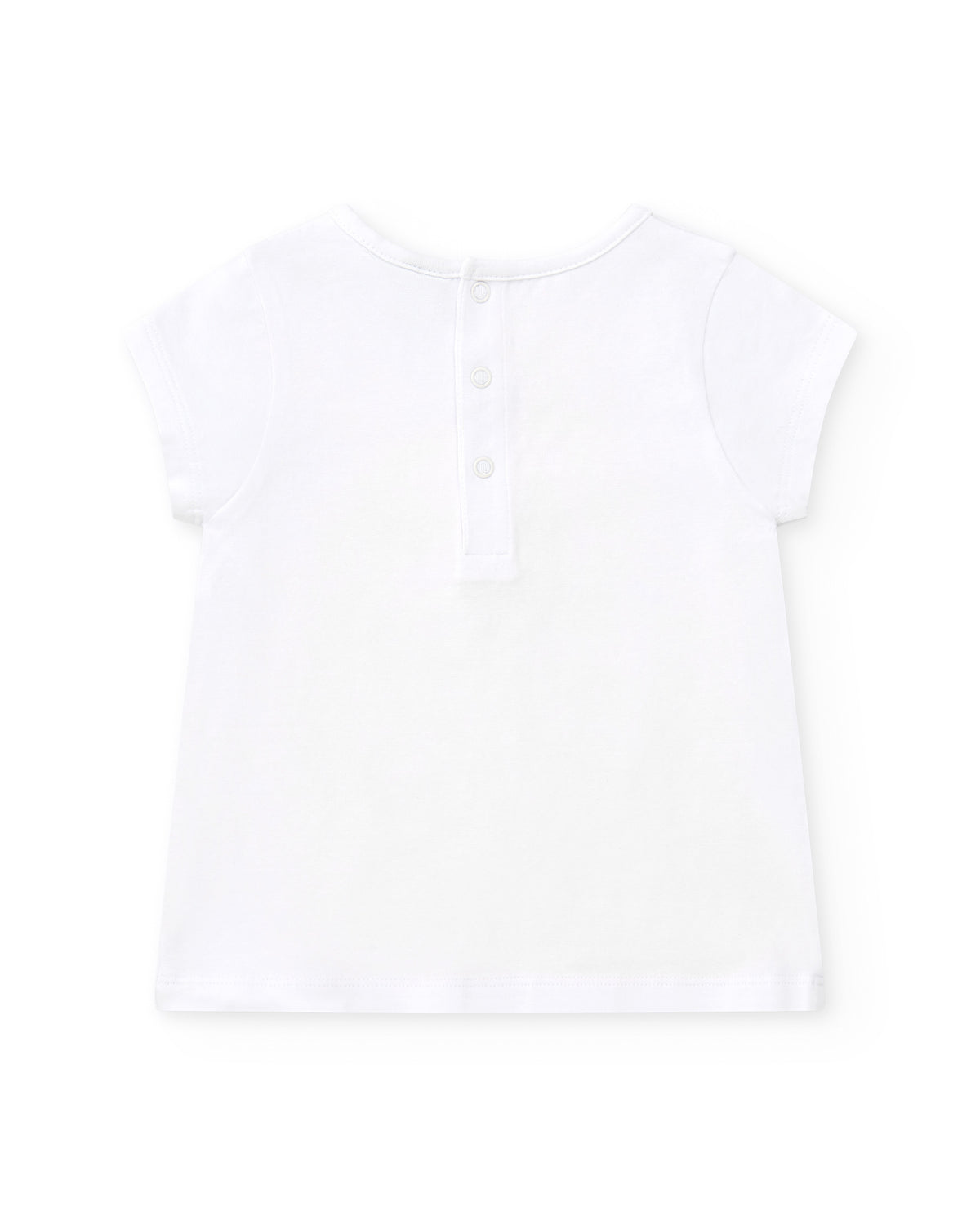 Camiseta blanca para niña con flamenco rosa y cierre trasero