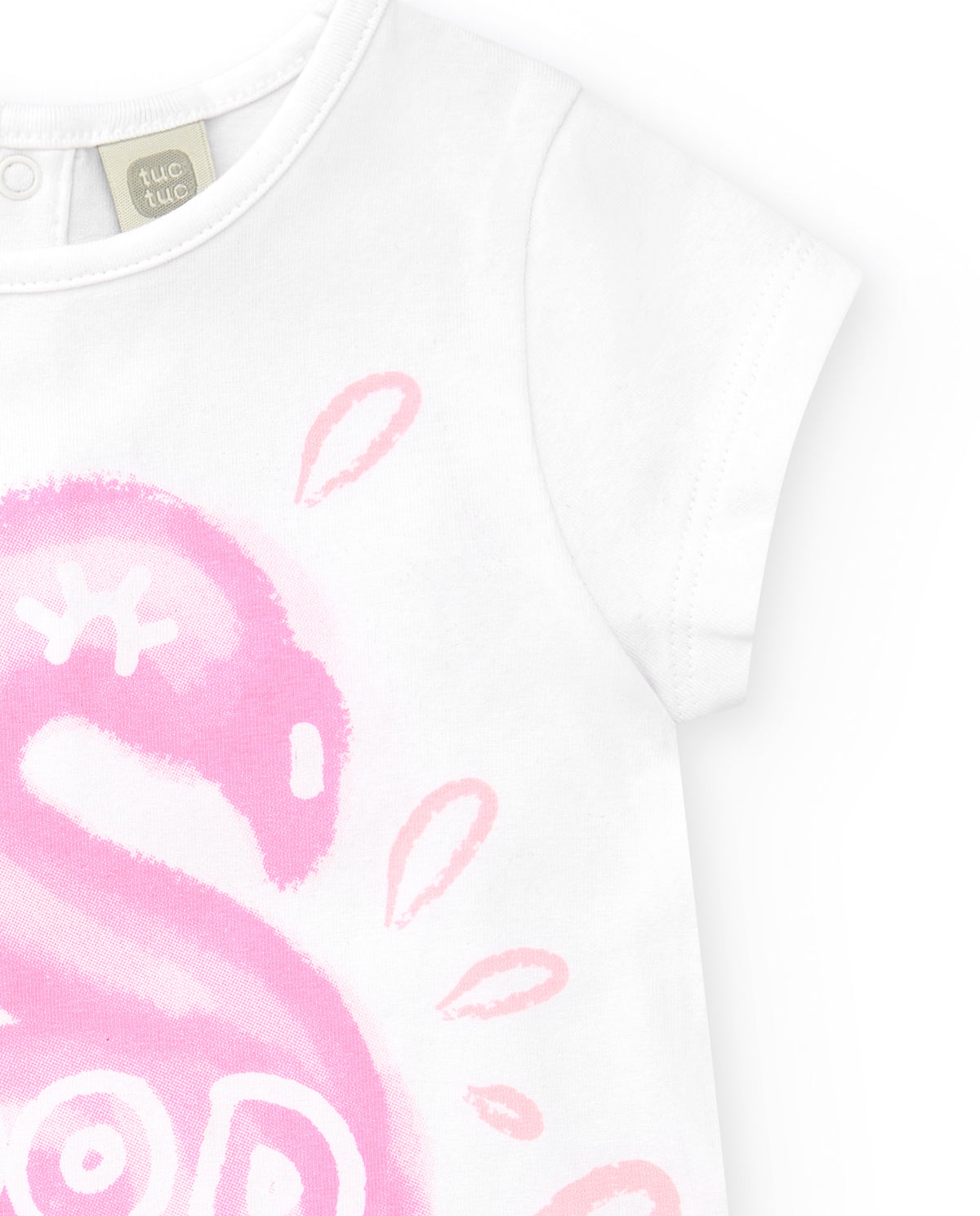Camiseta blanca para niña con flamenco rosa y cierre trasero