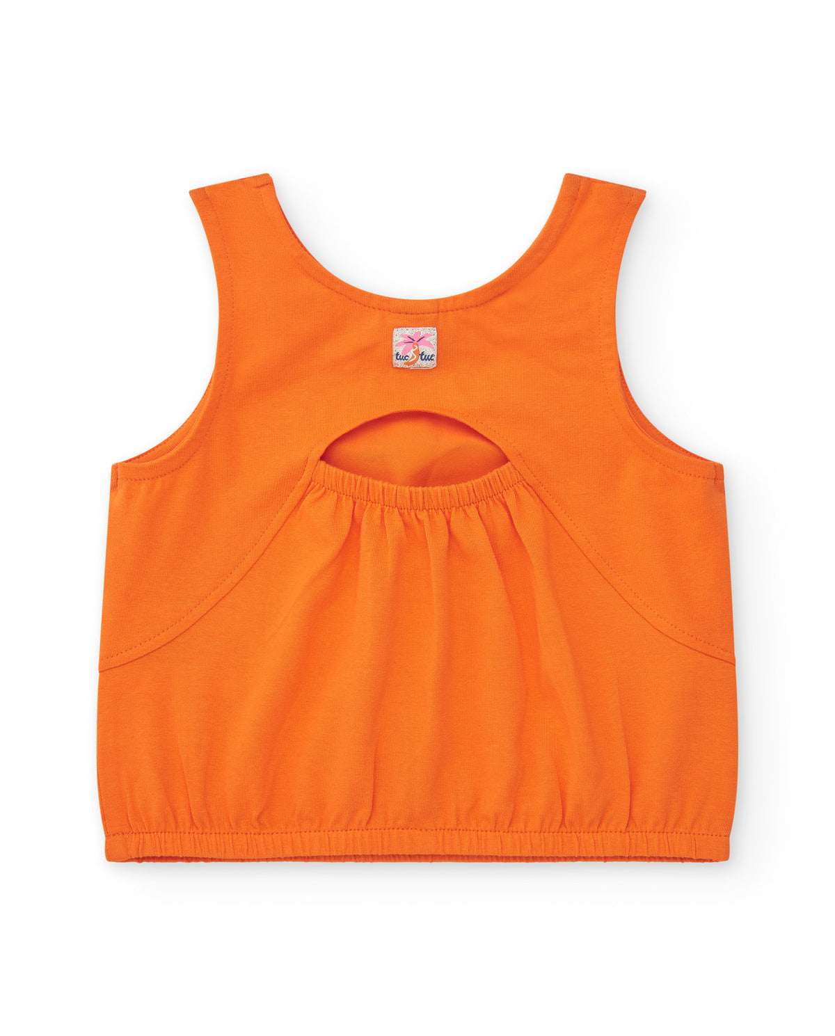 Camiseta naranja sin mangas para niña con cara de gato y