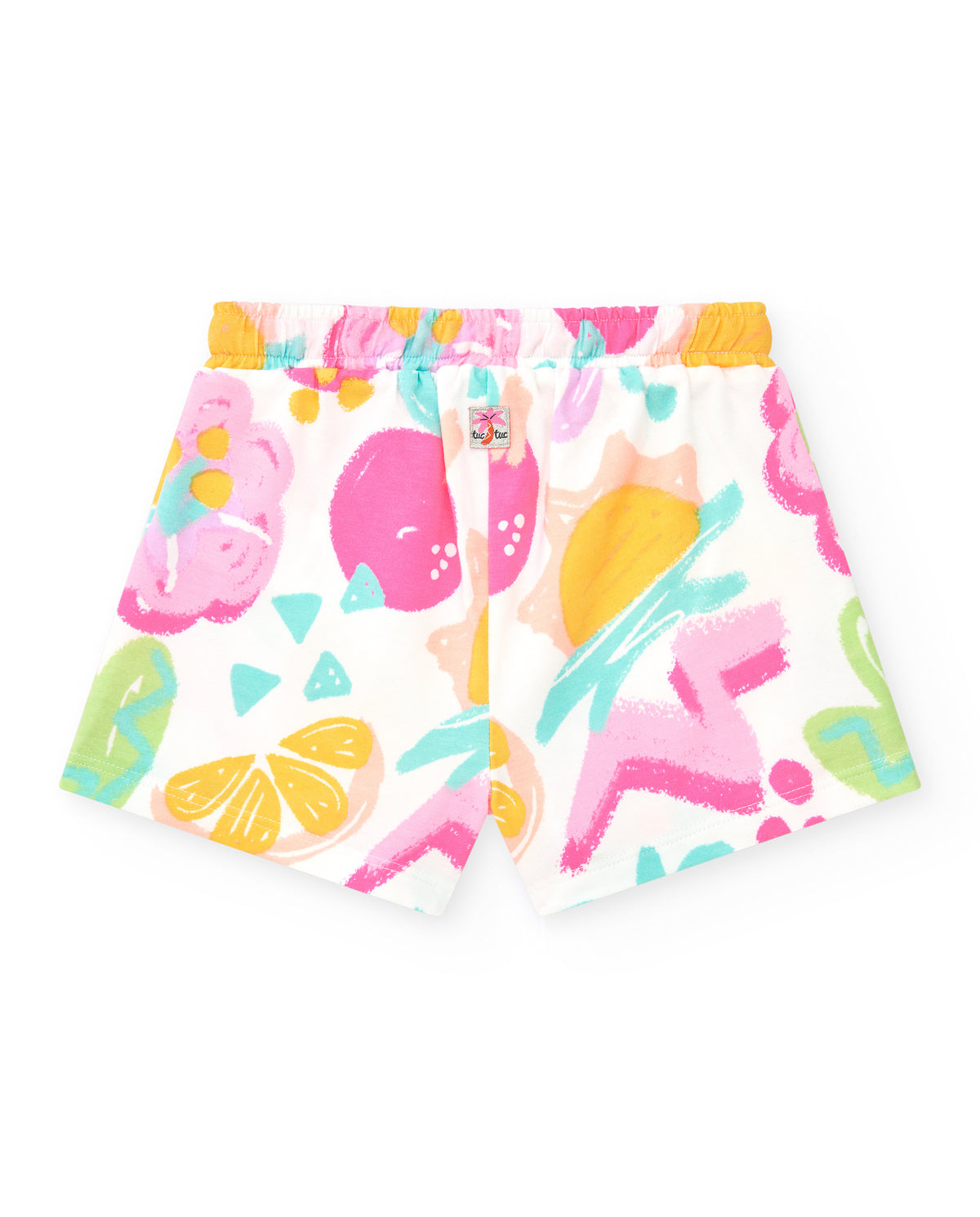 Pantalón corto multicolor para niña con frutas tropicales y