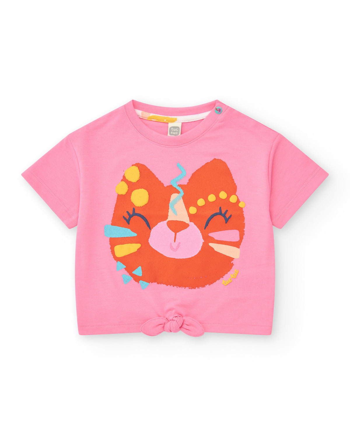 Camiseta rosa para niña con carita de animal y nudo inferior