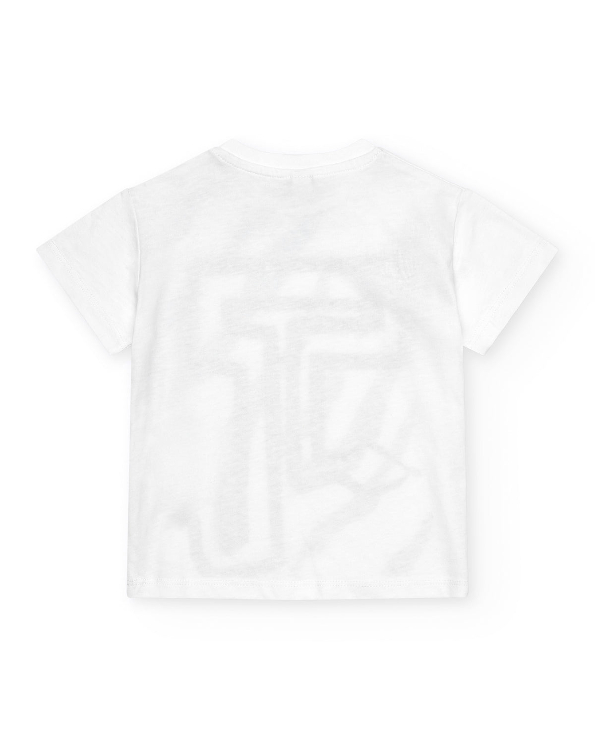 Camiseta blanca para niño con estampado y letras en verde y