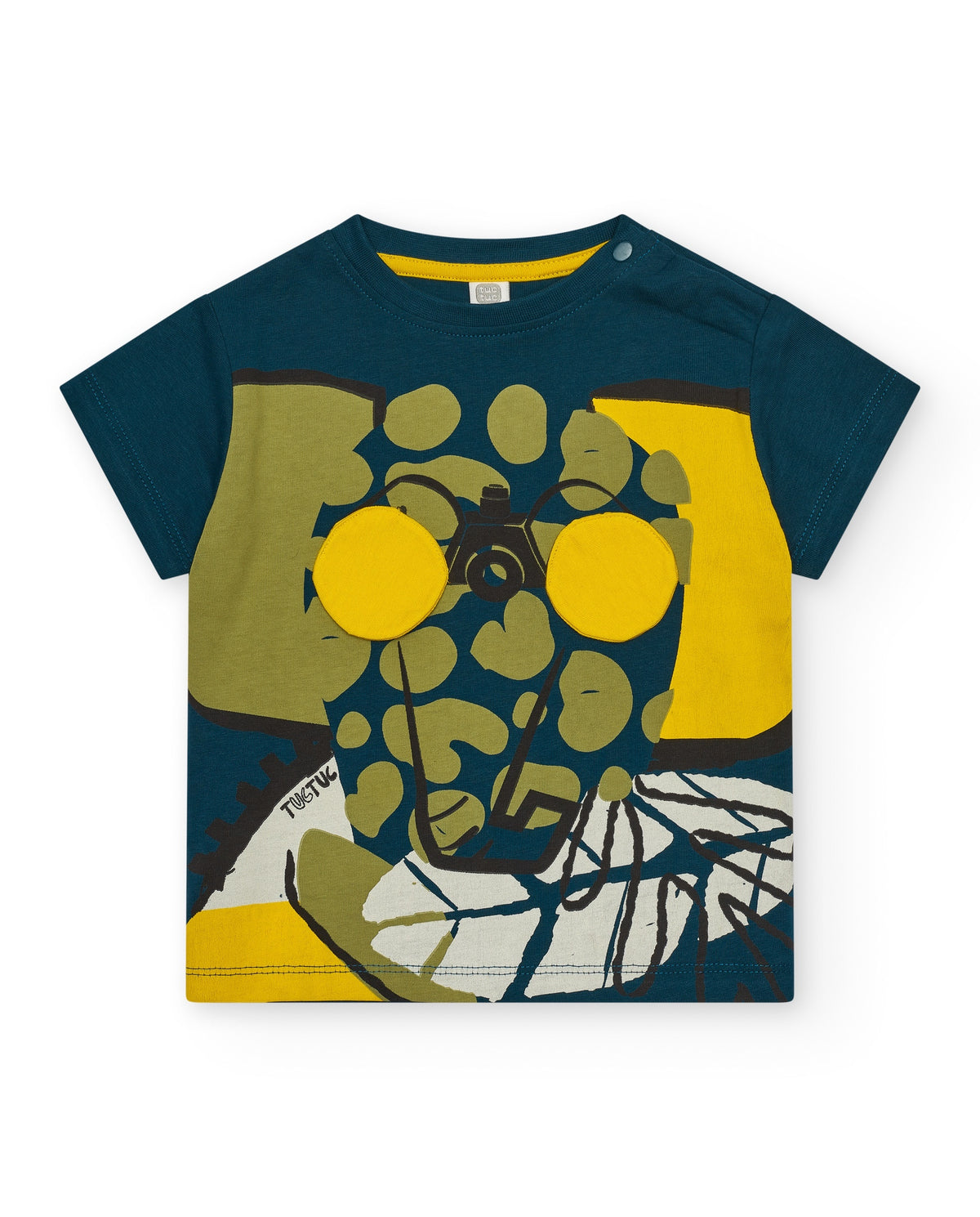 Camiseta verde y amarilla para niño con diseño de lentes