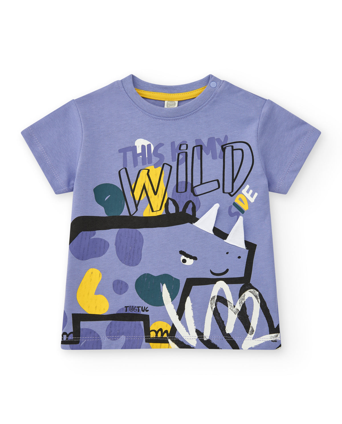 Camiseta lila para niño con estampado de dinosaurio y detalles