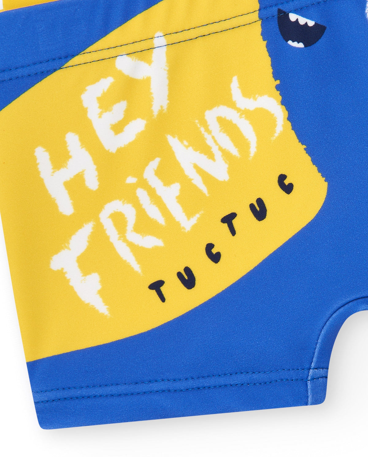 Bóxer de baño para niño en azul con frase "HEY FRIENDS"