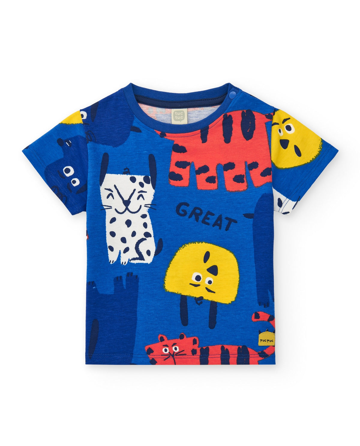 Camiseta para niño en azul con estampado natural y cierre en el