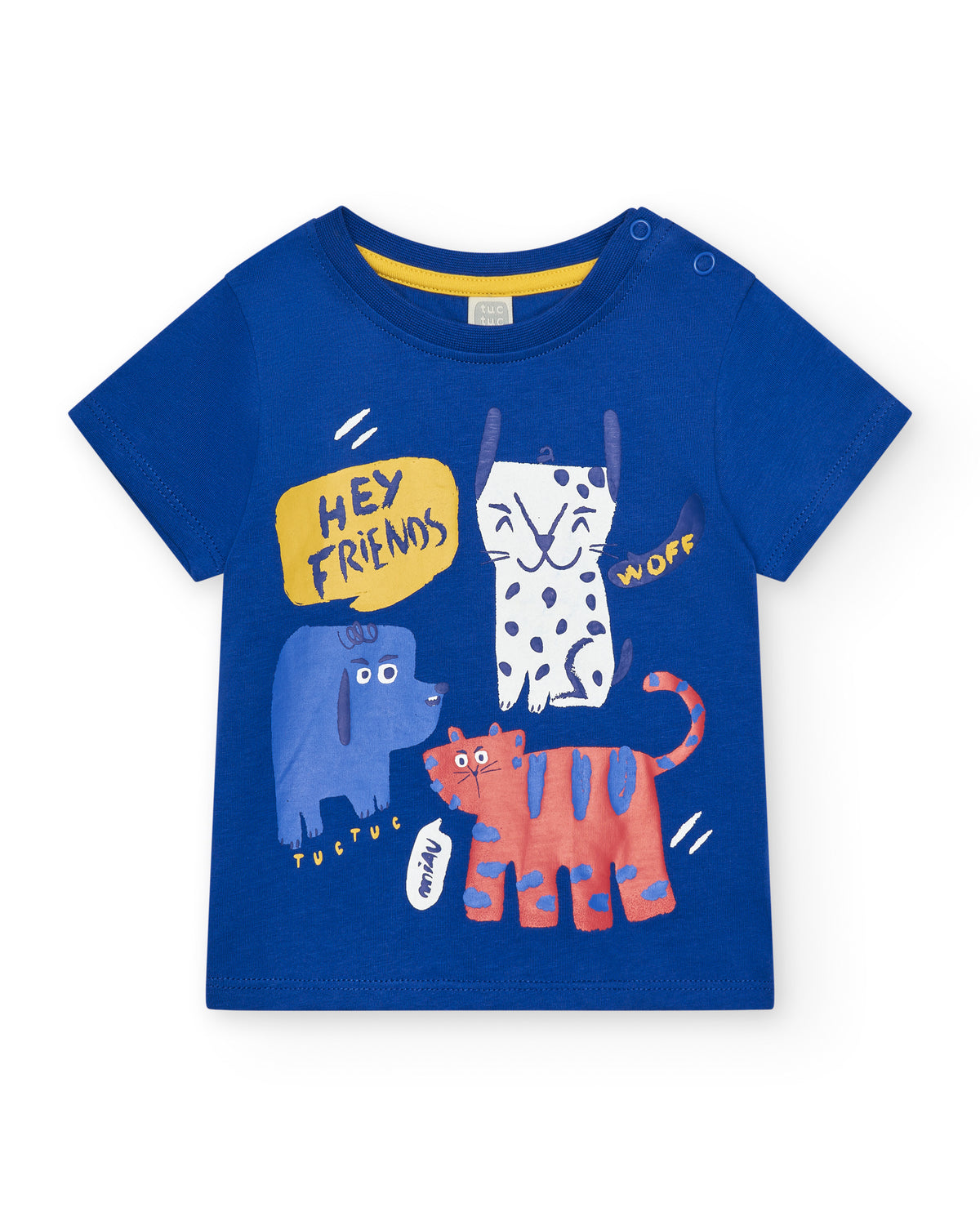 Camiseta para niño en azul con animales y cierre en el hombro