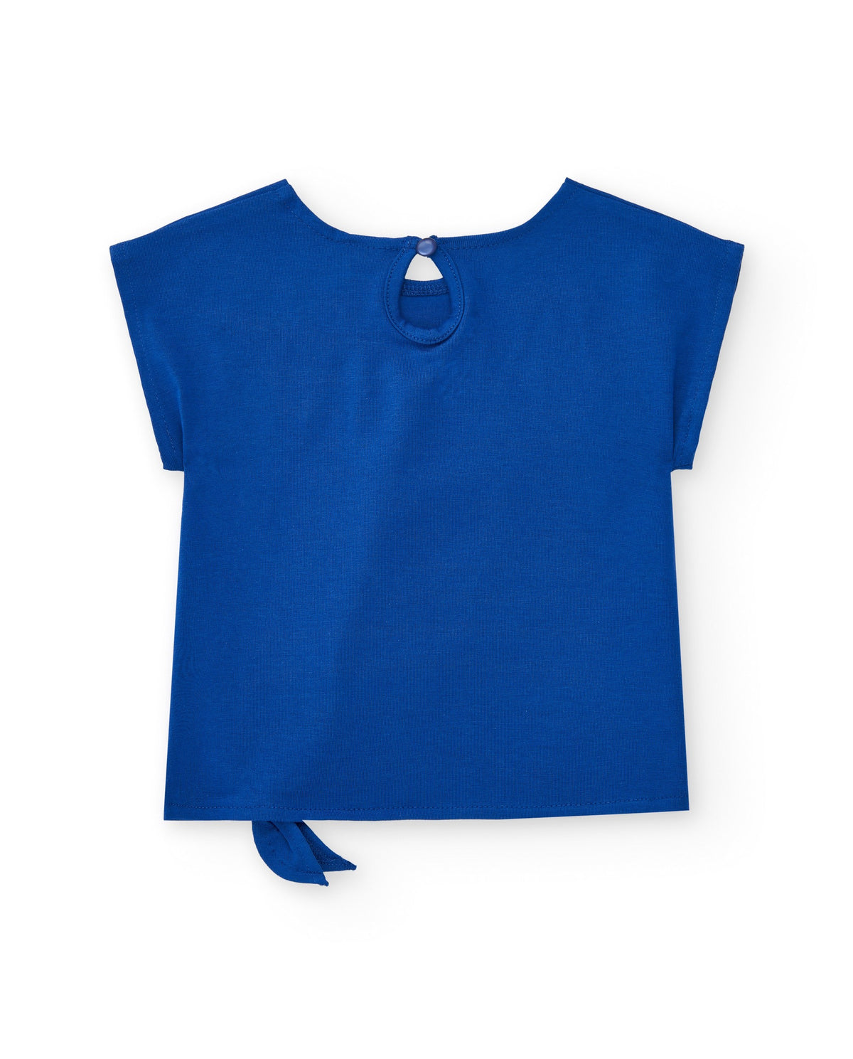 Camiseta para niña en azul con lazo lateral y botón trasero
