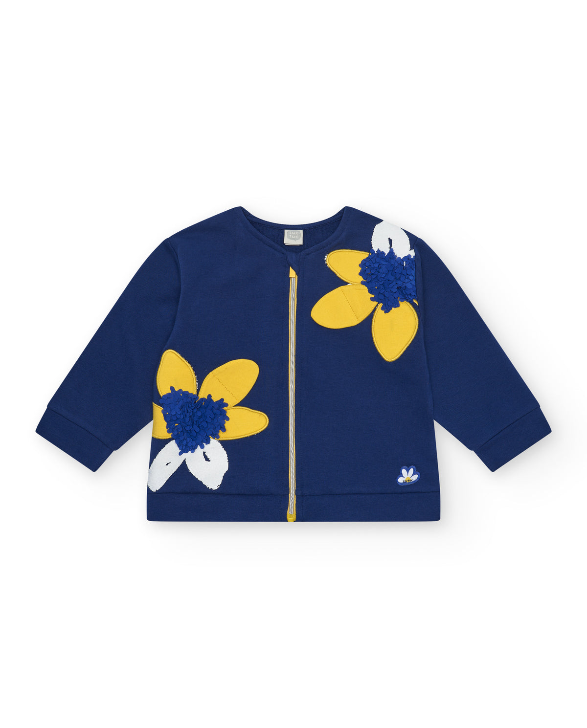 Chaqueta de felpa para niña en azul con apliques de flores y