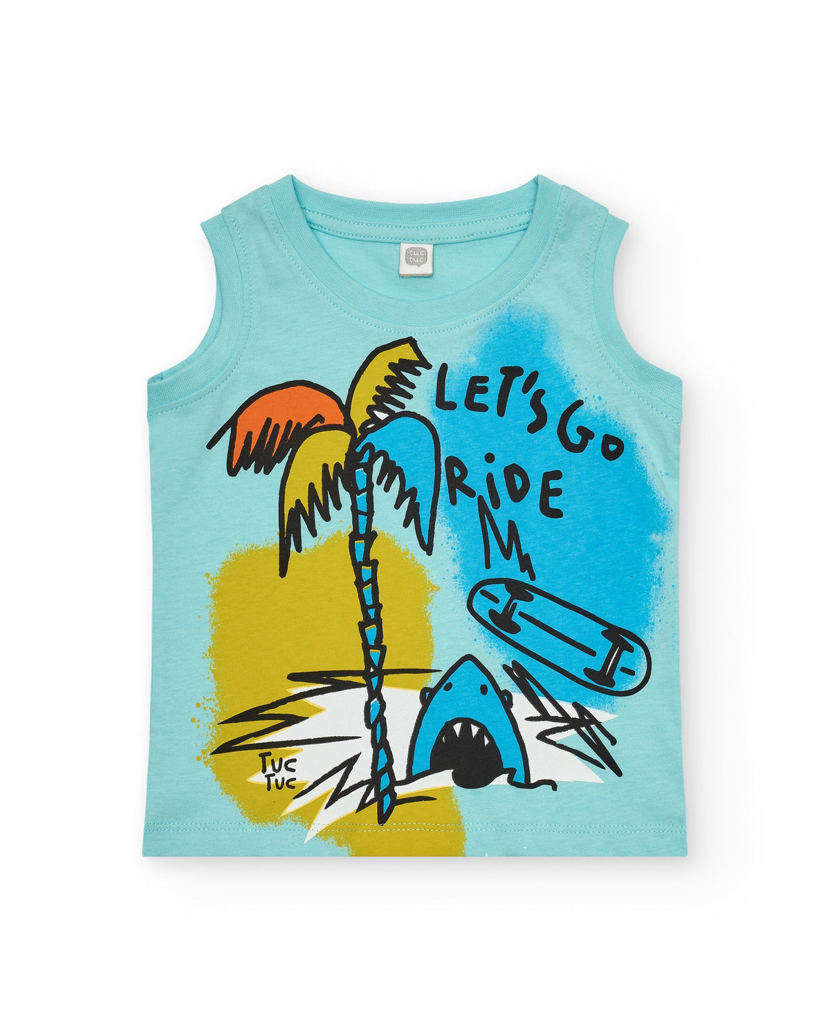 Camiseta sin mangas para niño en azul con palmeras y tiburón