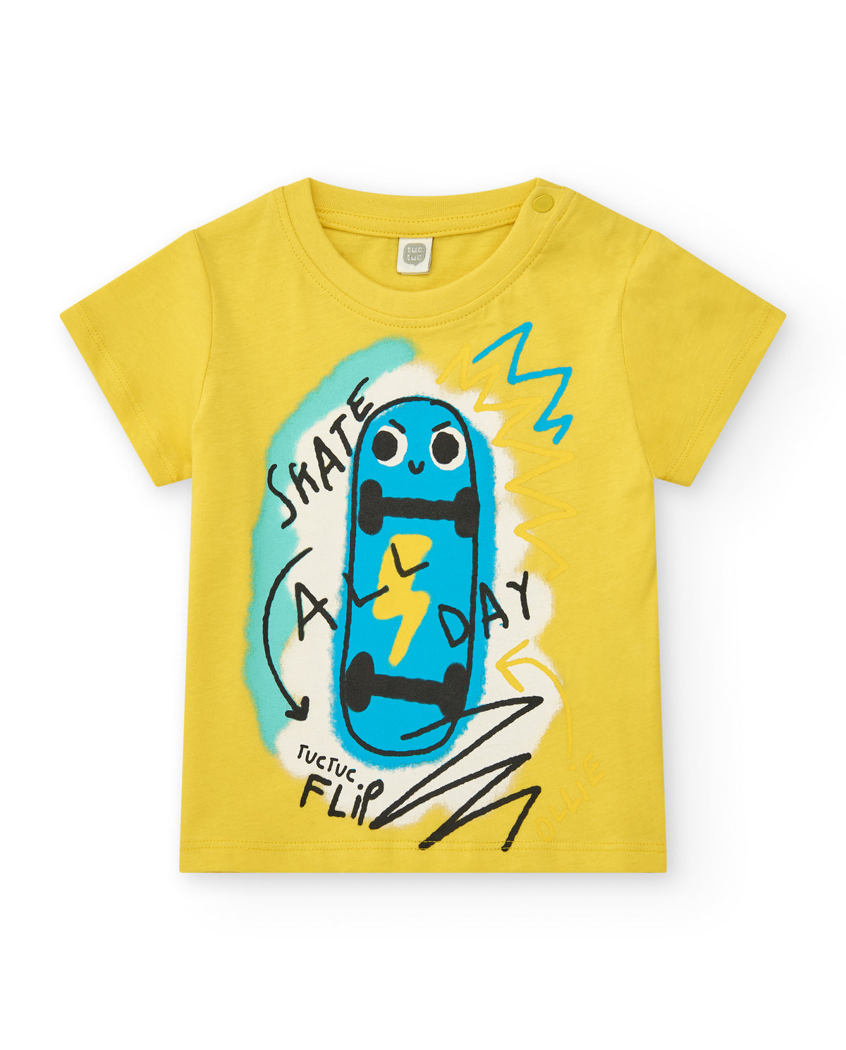 Camiseta para niño en amarillo con patinete y frase "SKATE ALL