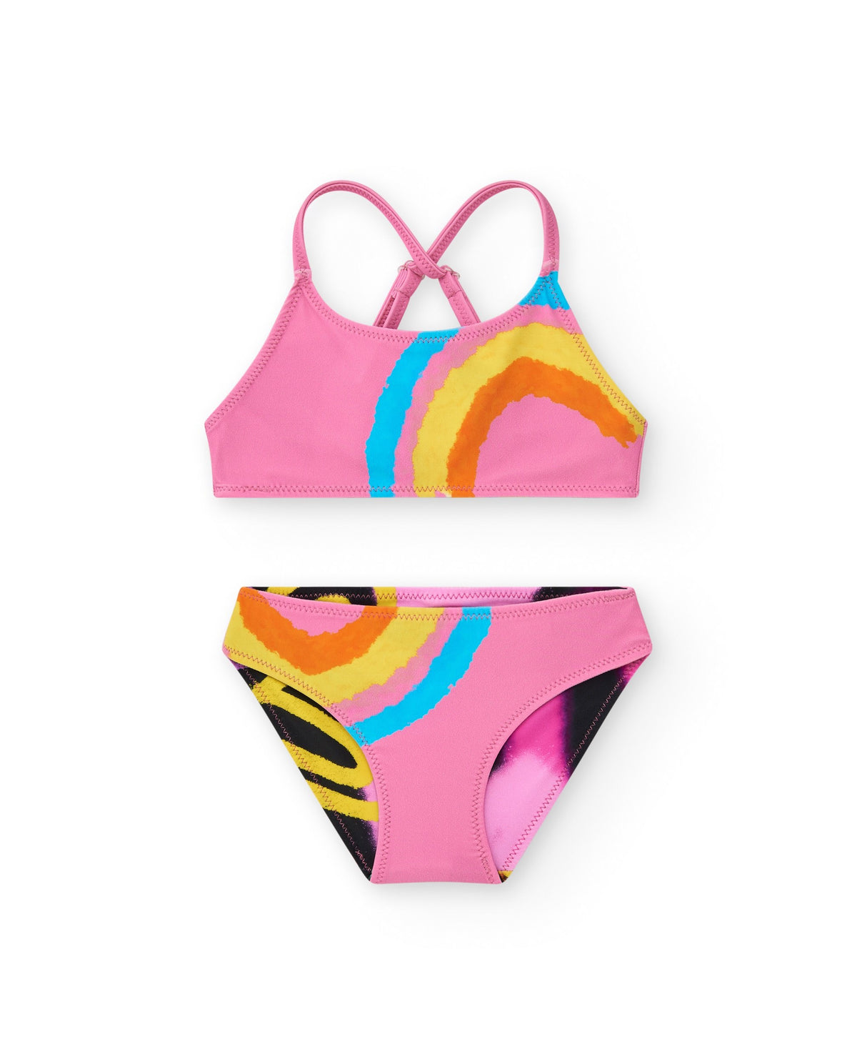 Bikini para niña en rosa con arcoíris y tirantes cruzados