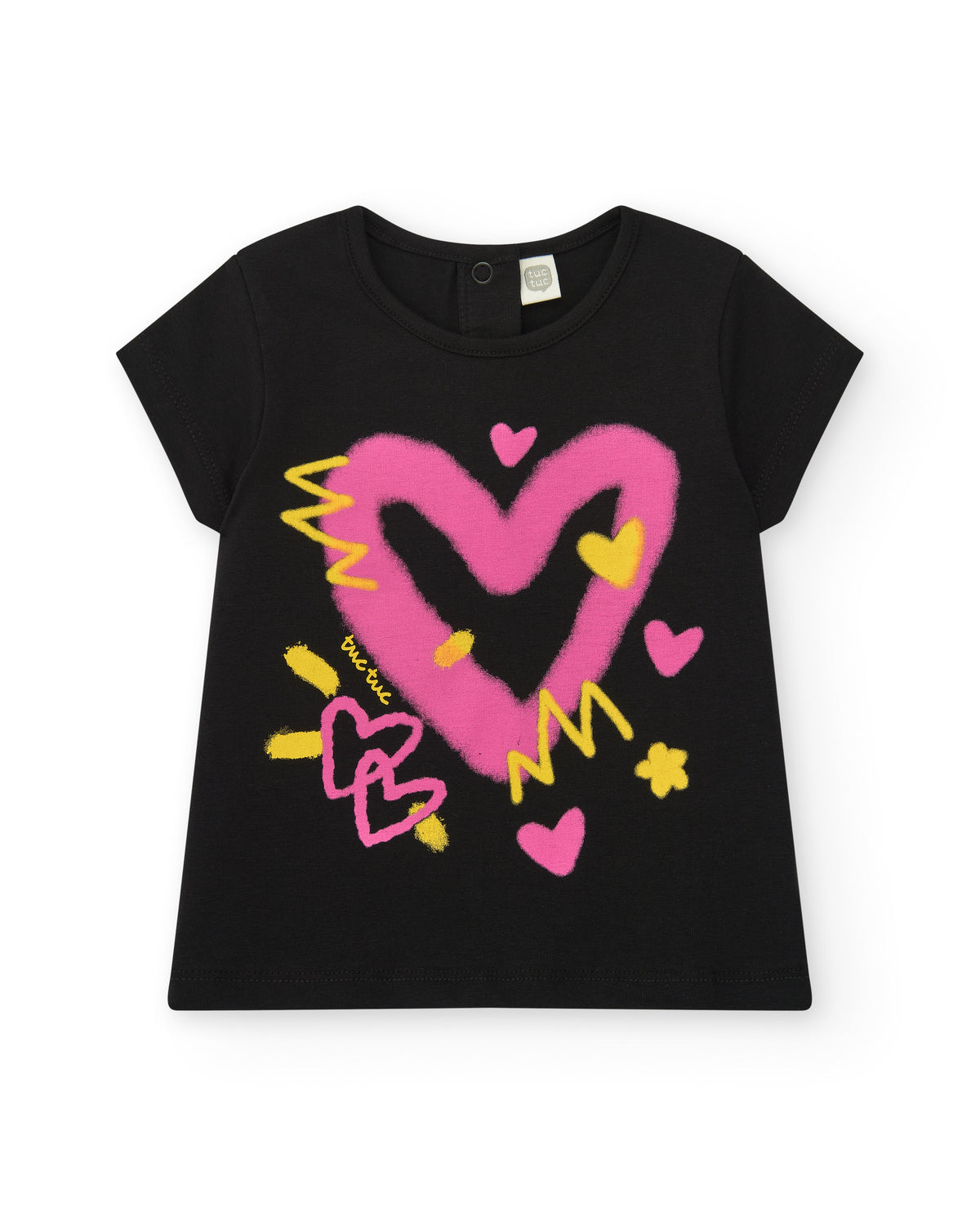 Camiseta para niña en negro con corazones vibrantes