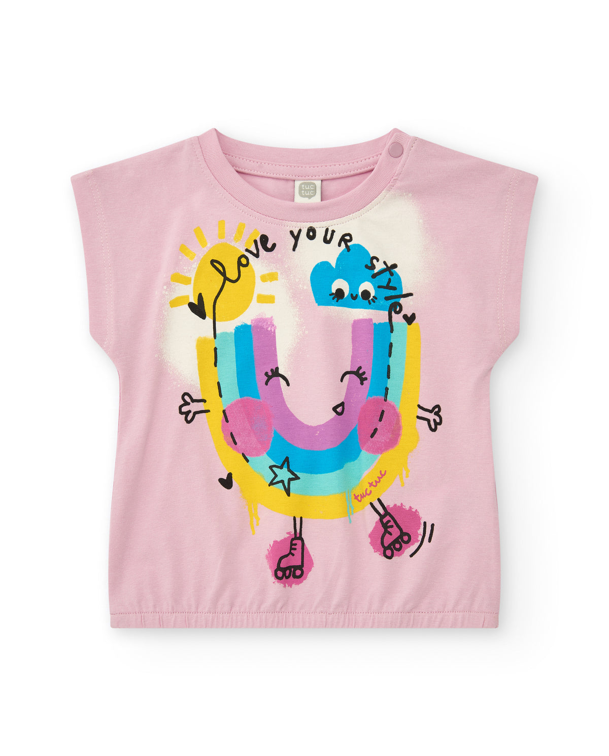 Conjunto para niña con blusa rosa y short negro plisado