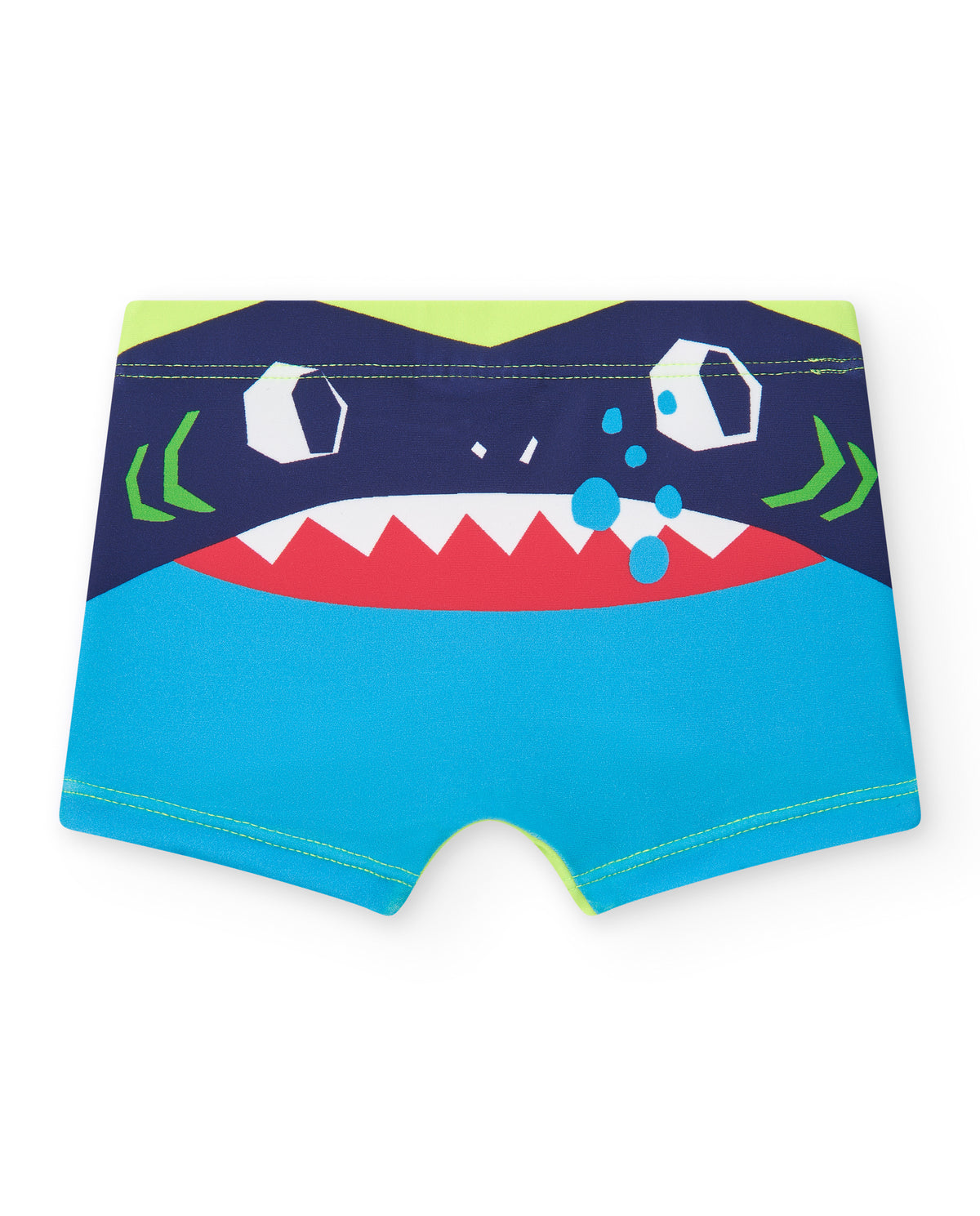 Bóxer de baño para niño en verde con peces en rojo y azul