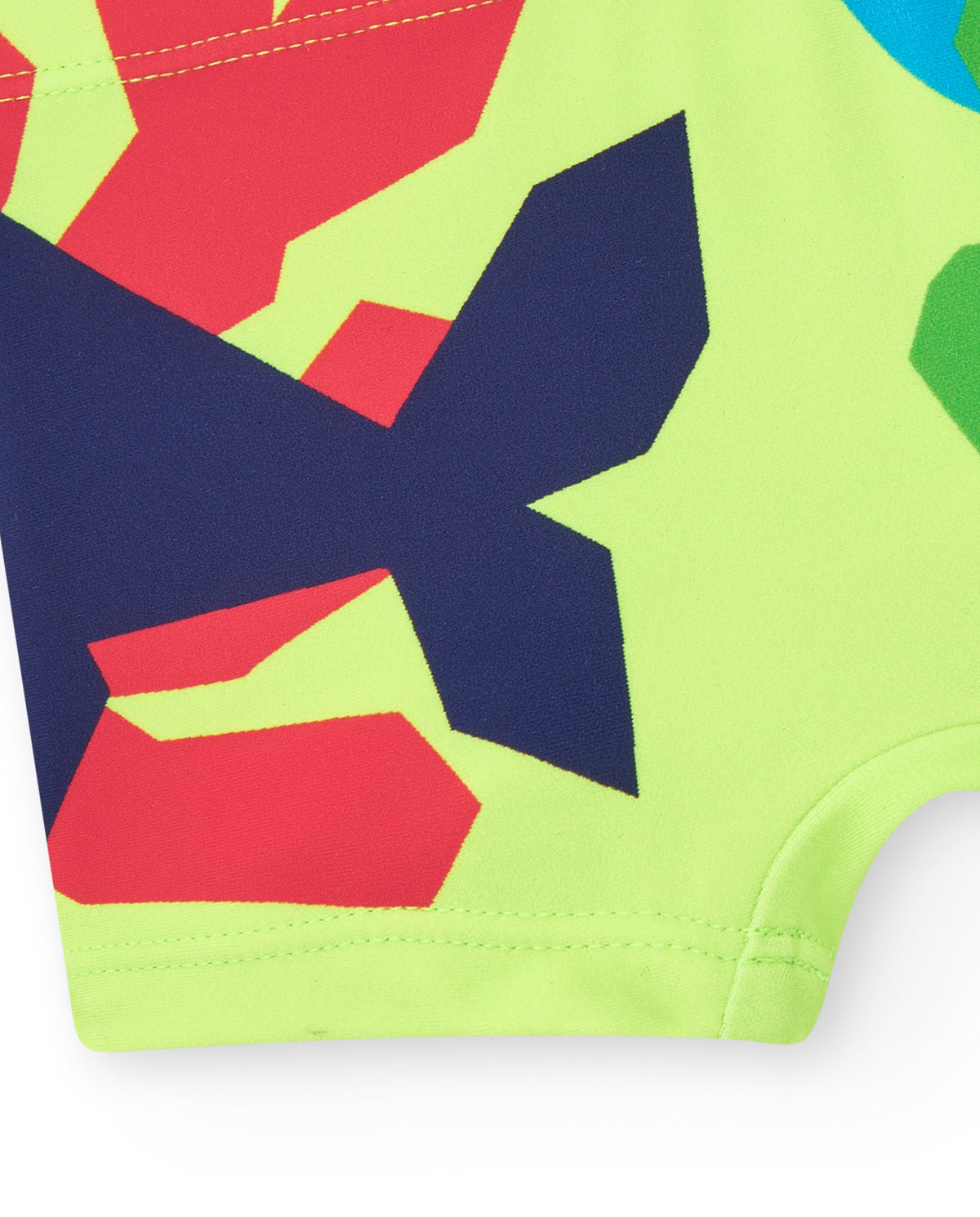 Bóxer de baño para niño en verde con peces en rojo y azul