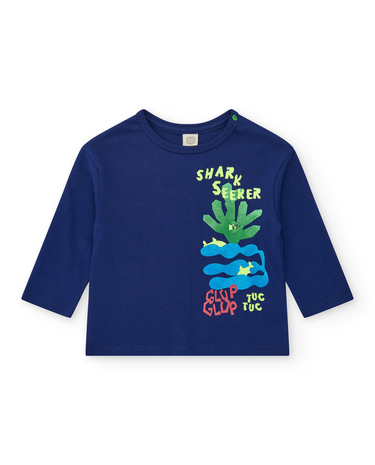 Camiseta para niño en azul con tiburones y frase