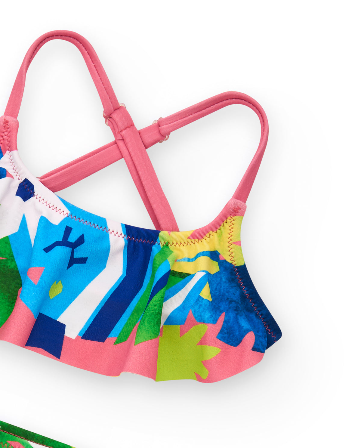 Bikini para niña en rosa con estampado tropical y volantes