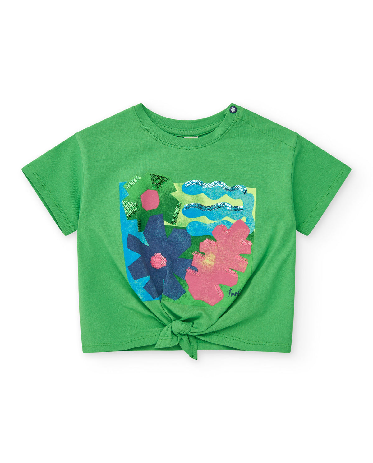 Camiseta para niña en verde con estampado y nudo decorativo